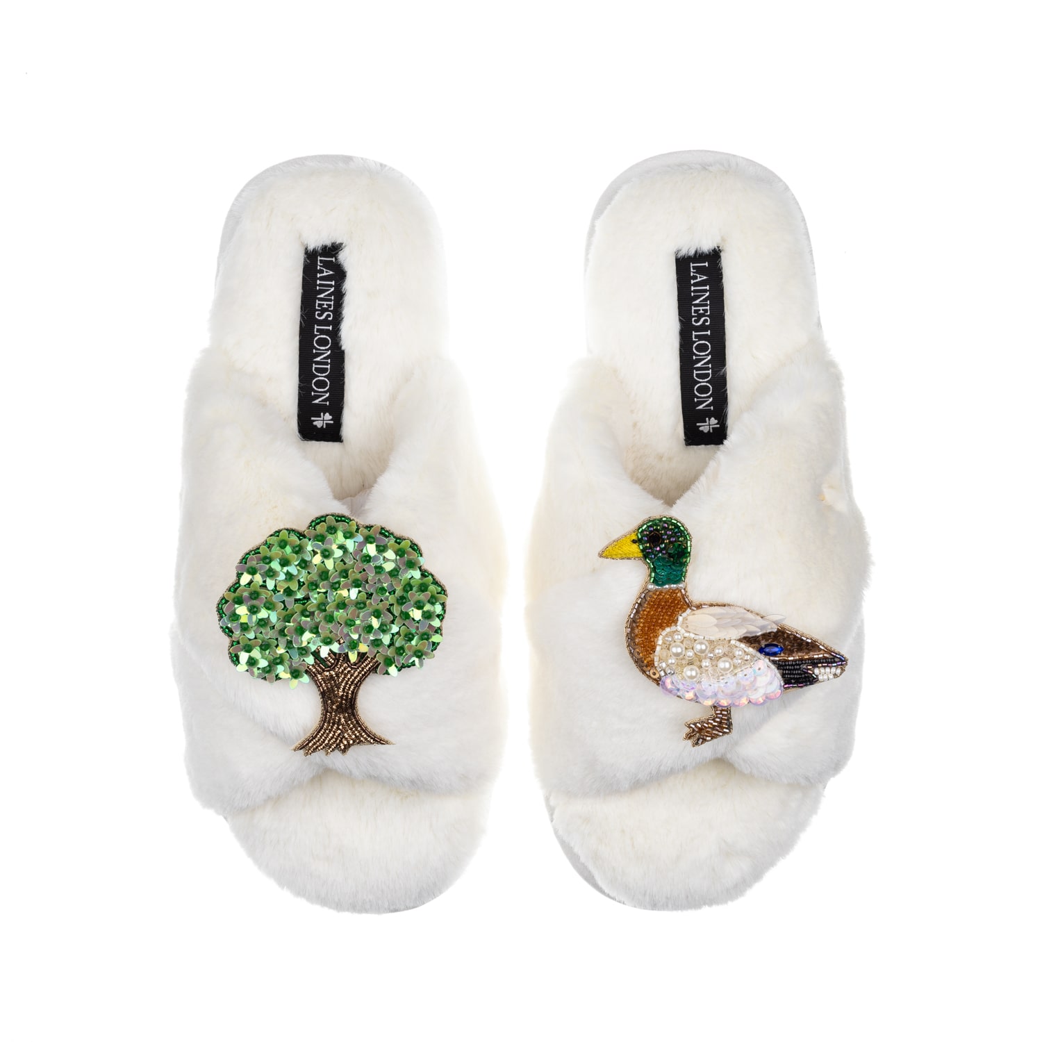 Laines London Women's Classic Laines Slippers With White Oak Tree & Duck Brooches - Cream In White