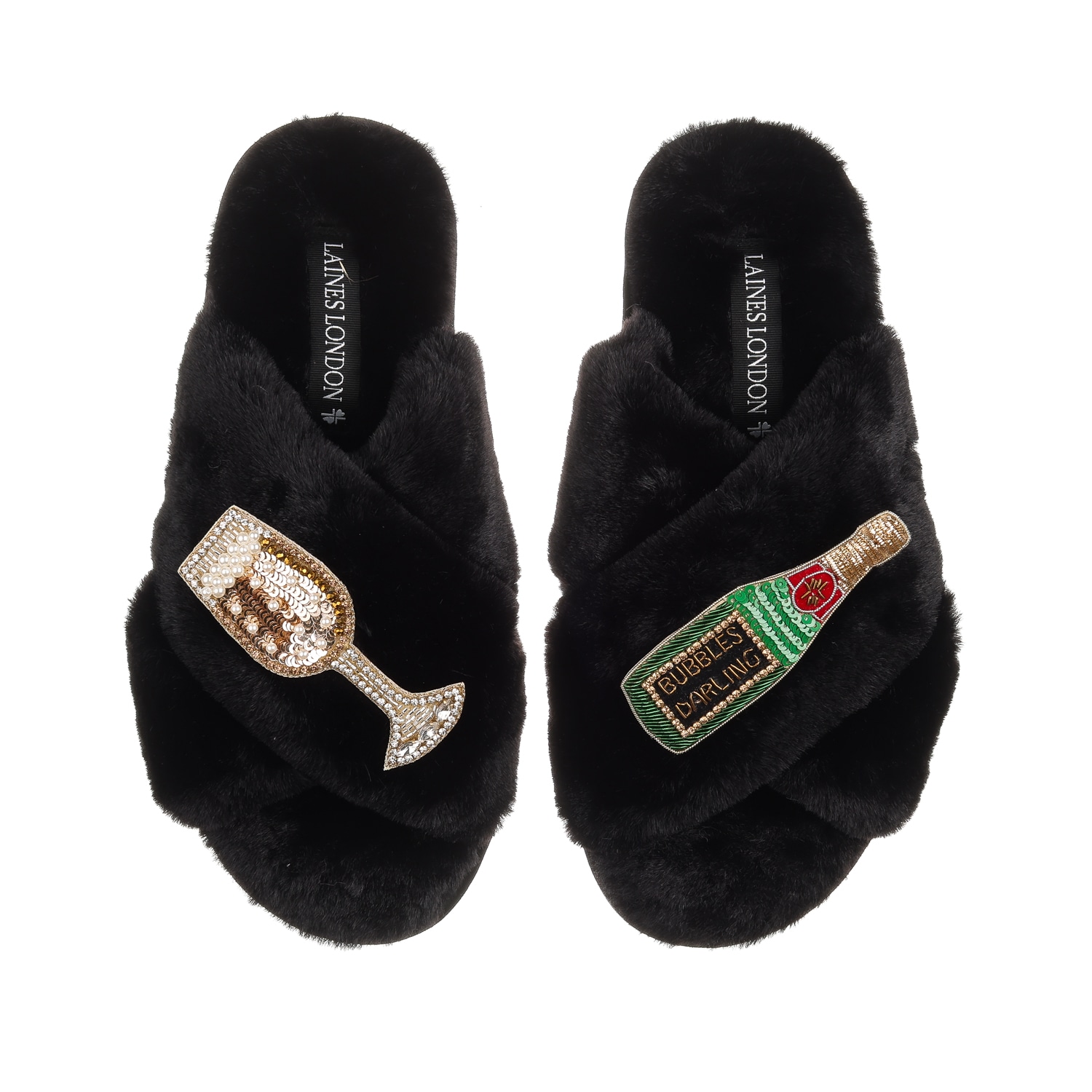Laines London Women's Classic Laines Slippers With Bubbles Darling Brooches - Black In Black