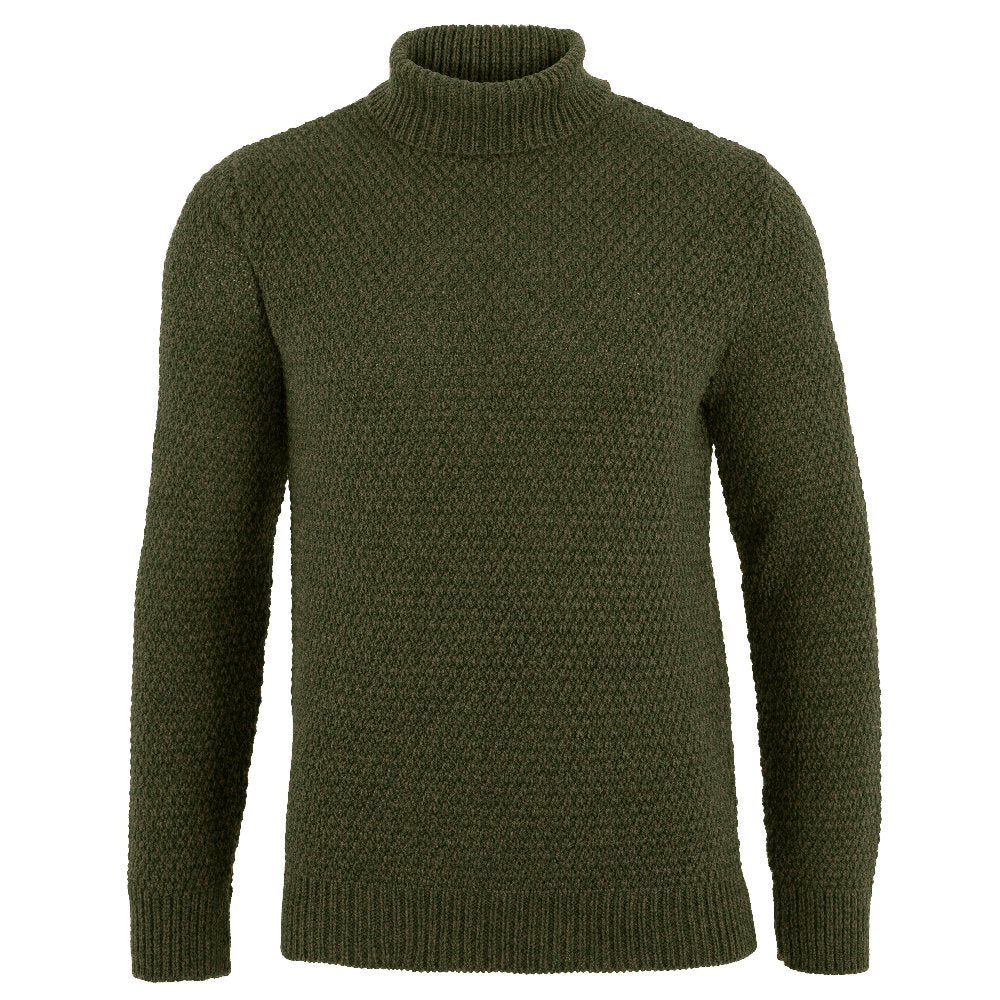 Mens Merino Wool Hartridge Fishermans Roll Neck Moss Stitch Jumper - Green  by Paul James Knitwear