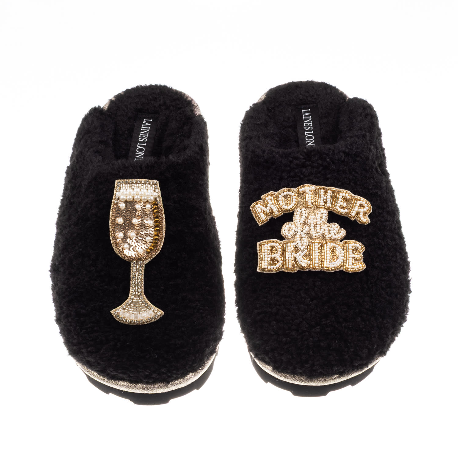 Laines London Women's Teddy Closed Toe Slippers With Mother Of The Bride Brooches - Black In Black