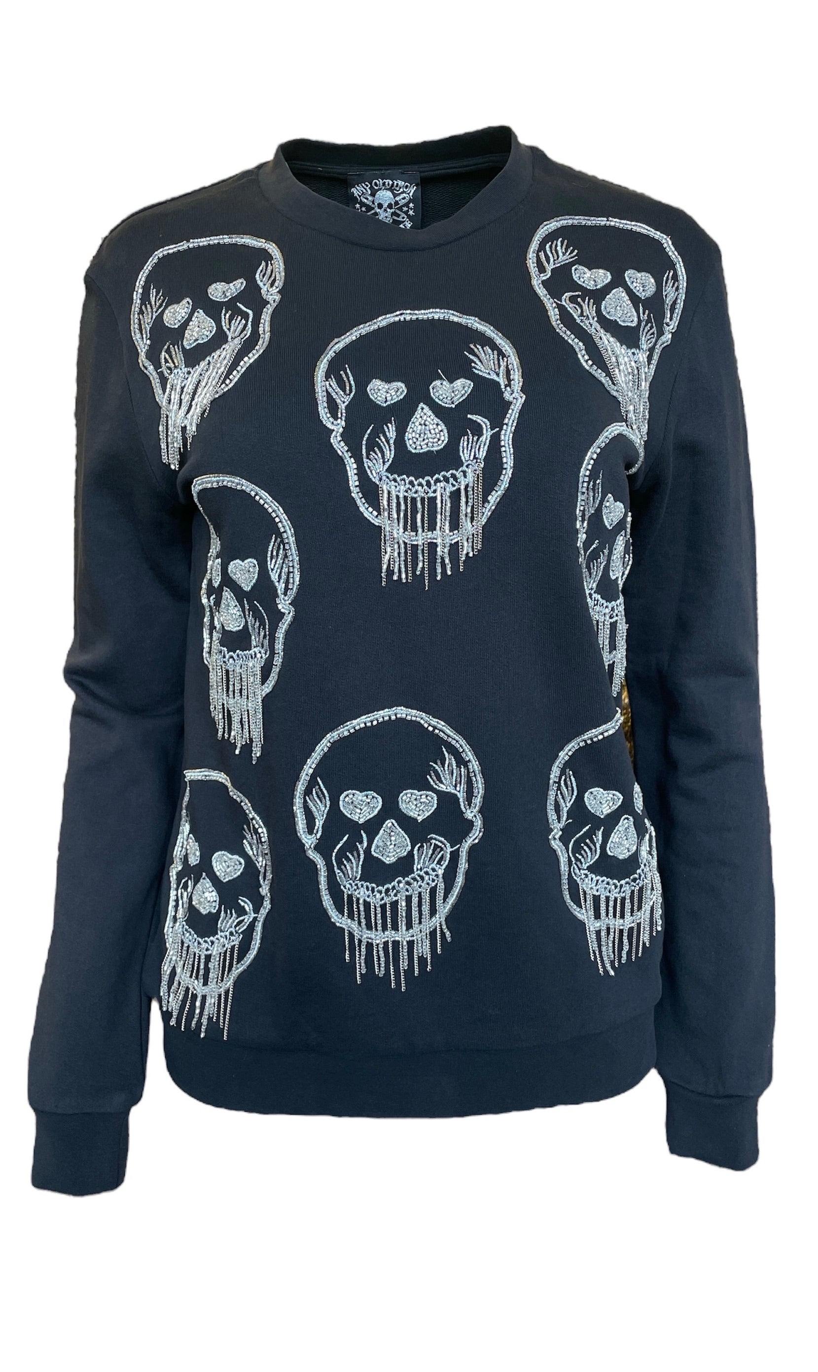 Any Old Iron Black / Silver Men's Silver Beaded Skull Fringe Sweatshirt In Black/silver