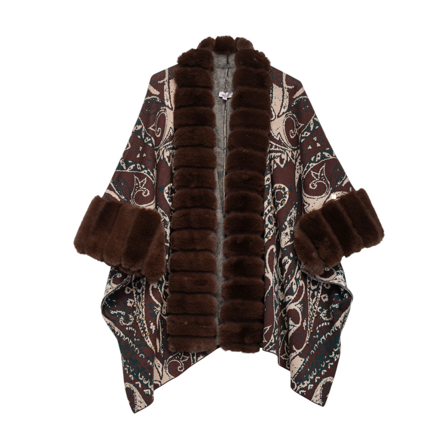 Niza Women's Silver Paisley Print Poncho With Faux Fur Trim In Multi