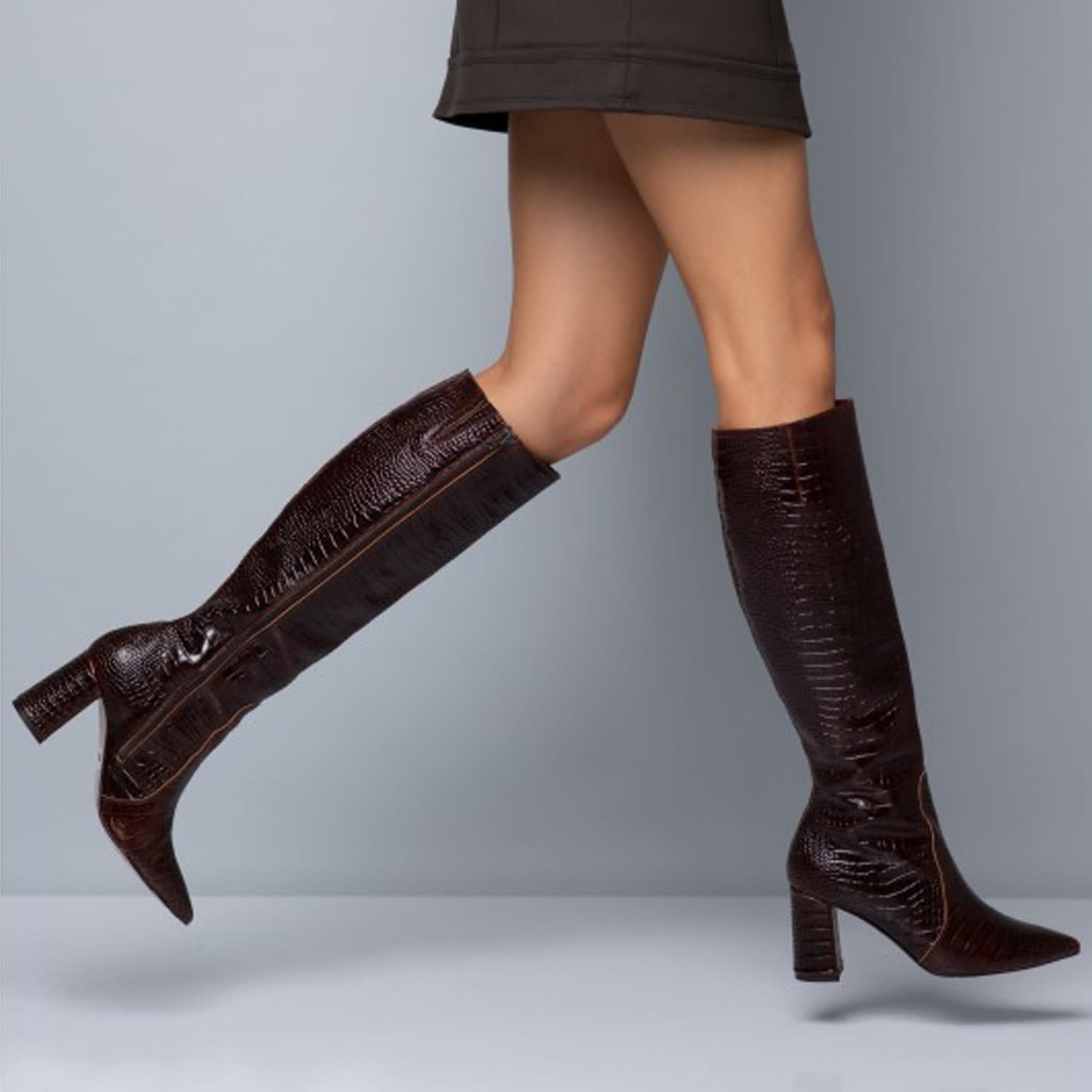 croc effect knee high boots