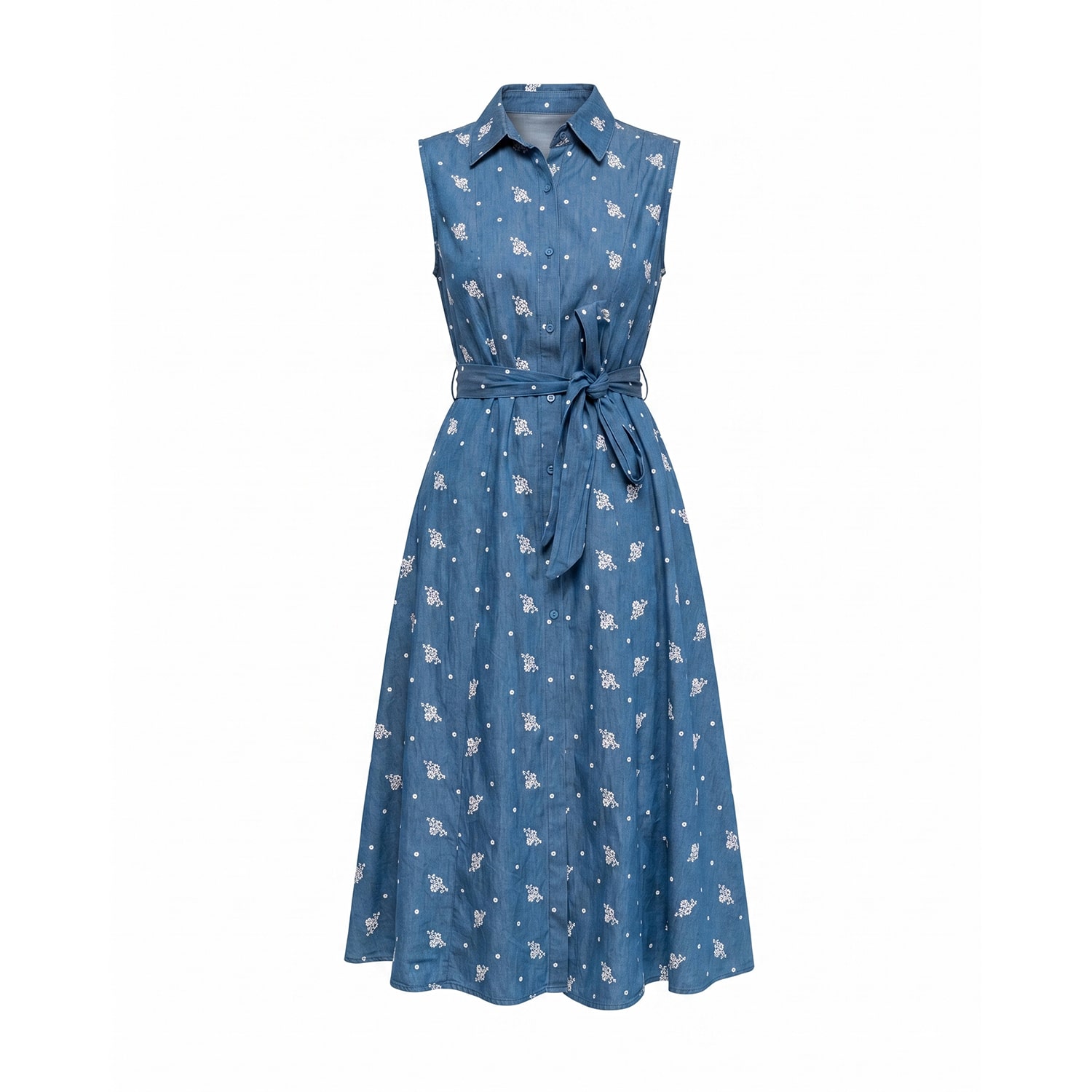 Women's Blue Embroidered Tencel Shirt-Style Midi Dress With A Flared Skirt And Belt Denim | Small | Tantra Spain Sl