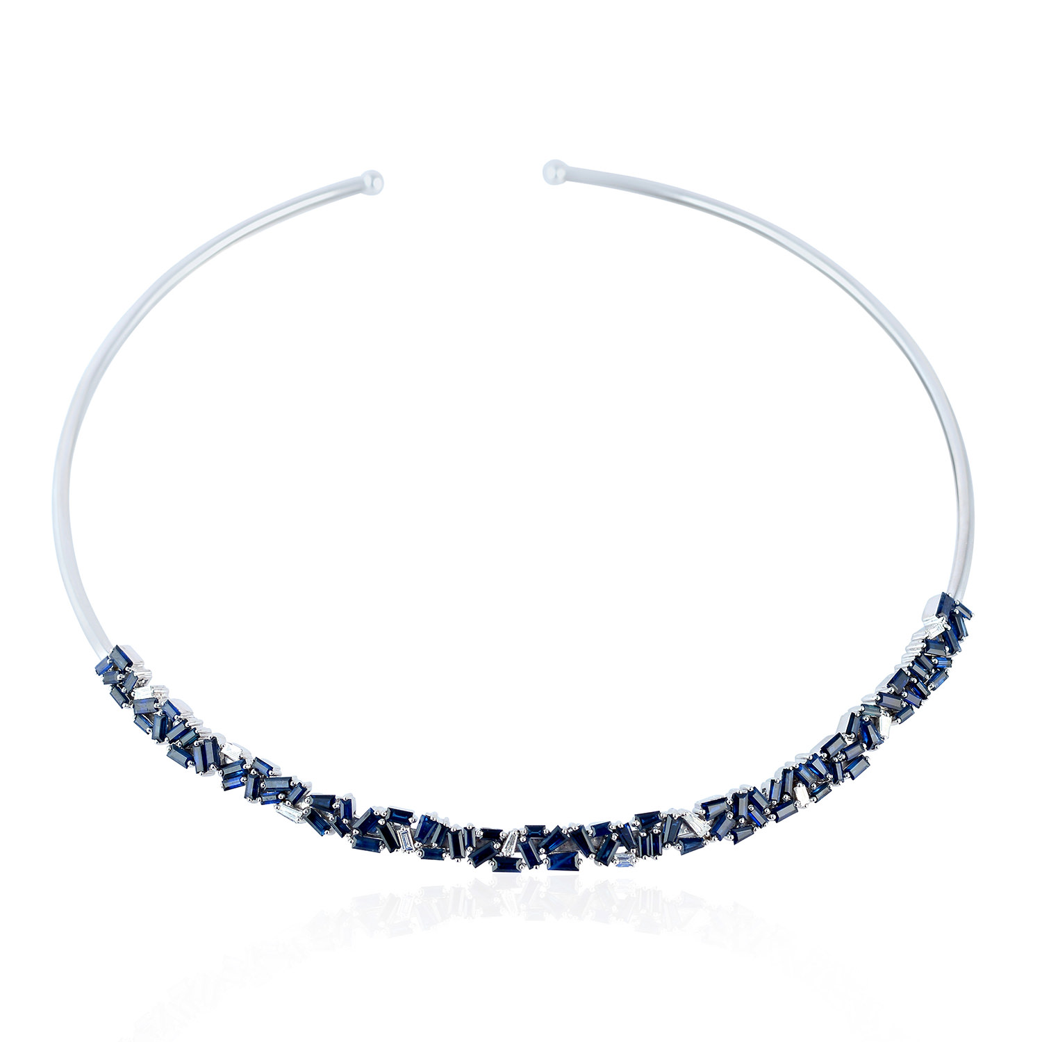 Artisan Women's White / Blue 18k White Gold Baguette Natural Diamond & Blue Sapphire Wire Cuff Choker Neckla In Multi