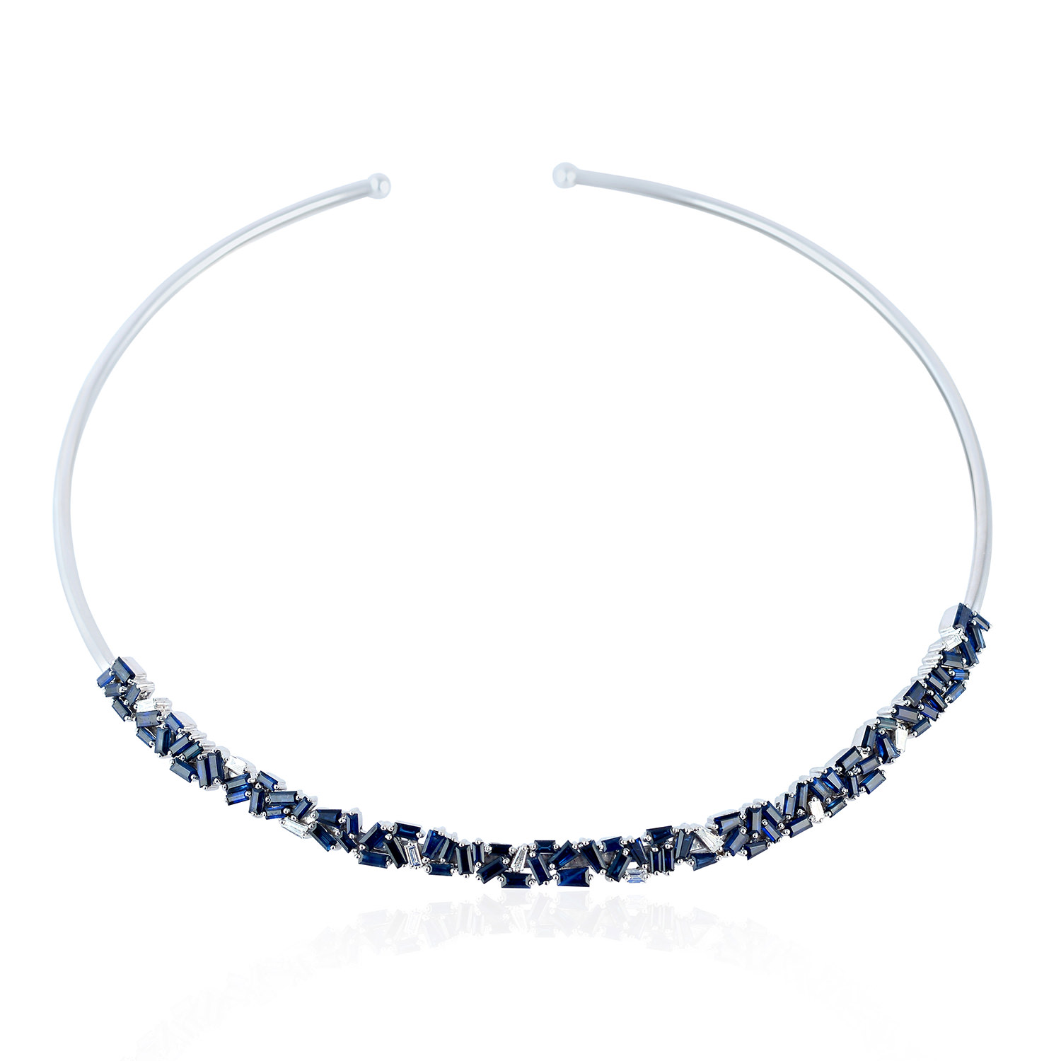 Women’s White / Blue 18K White Gold Baguette Natural Diamond & Blue Sapphire Wire Cuff Choker Necklace Artisan