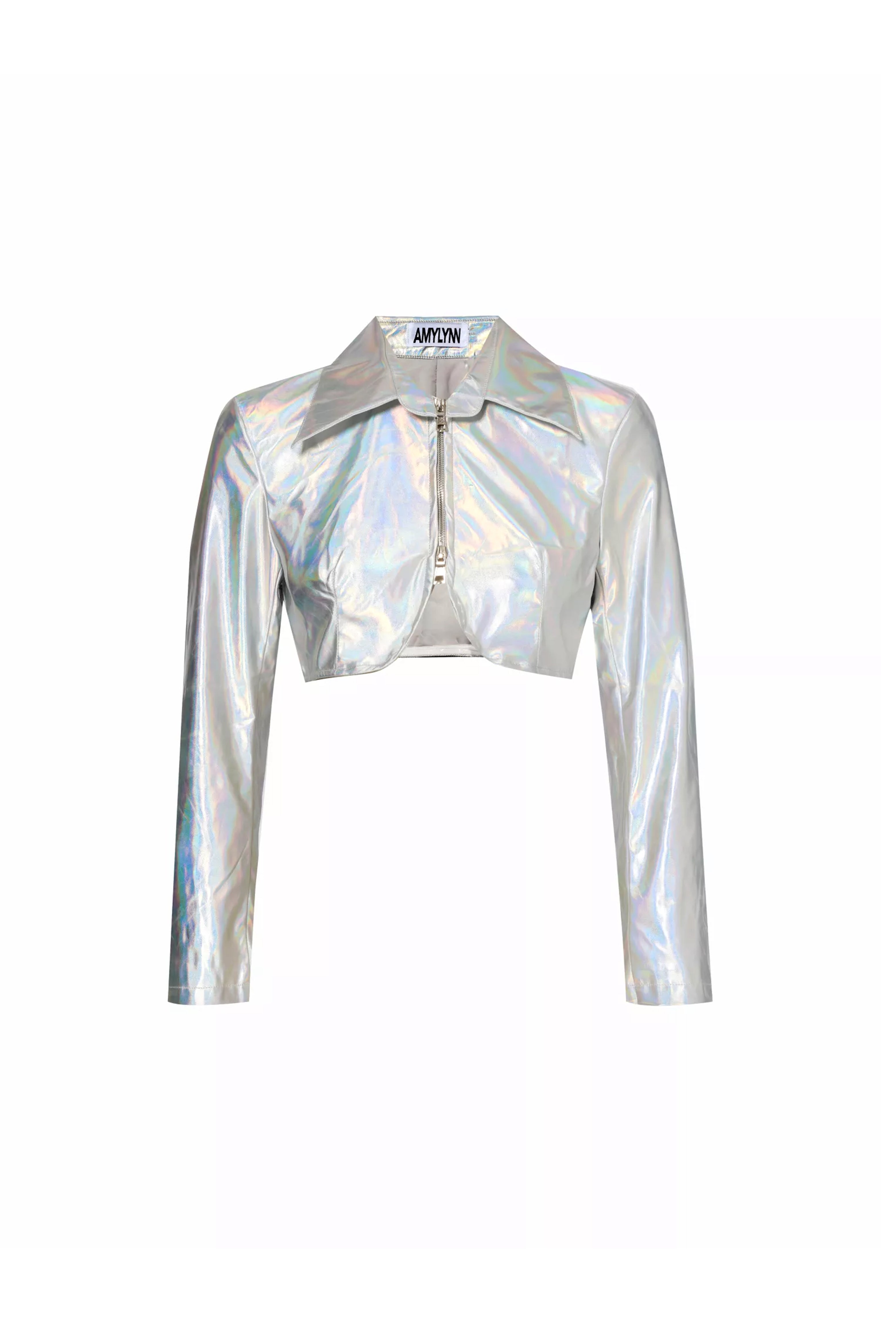 Women’s Space Neon Silver Metallic Zip Up Crop Jacket Small Amy Lynn