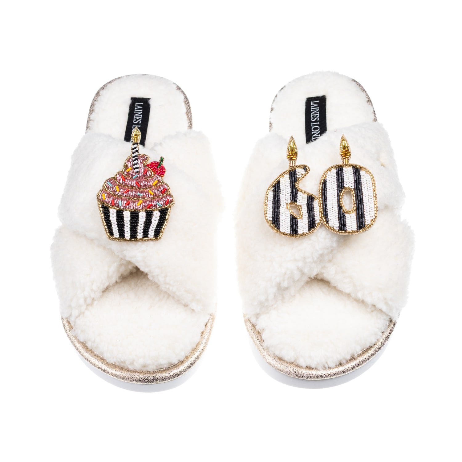 Laines London Women's Neutrals / White Laines Neutral Boucle Slippers With Stripe 60th Birthday & Cake Brooches - 