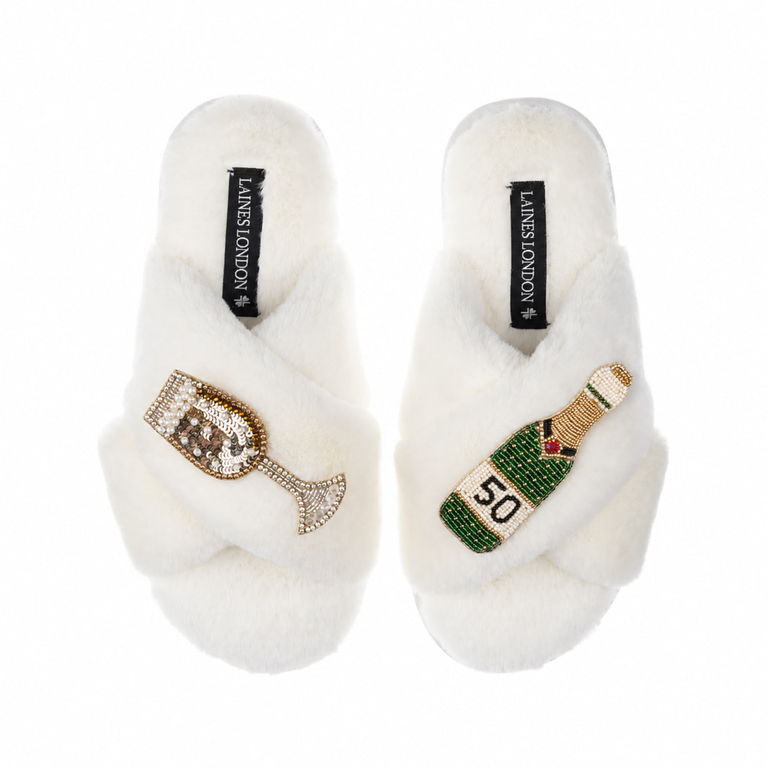 Laines London Women's Neutrals / White Classic Laines Slippers With Champagne & Glass 50th Birthday Brooches - Cre