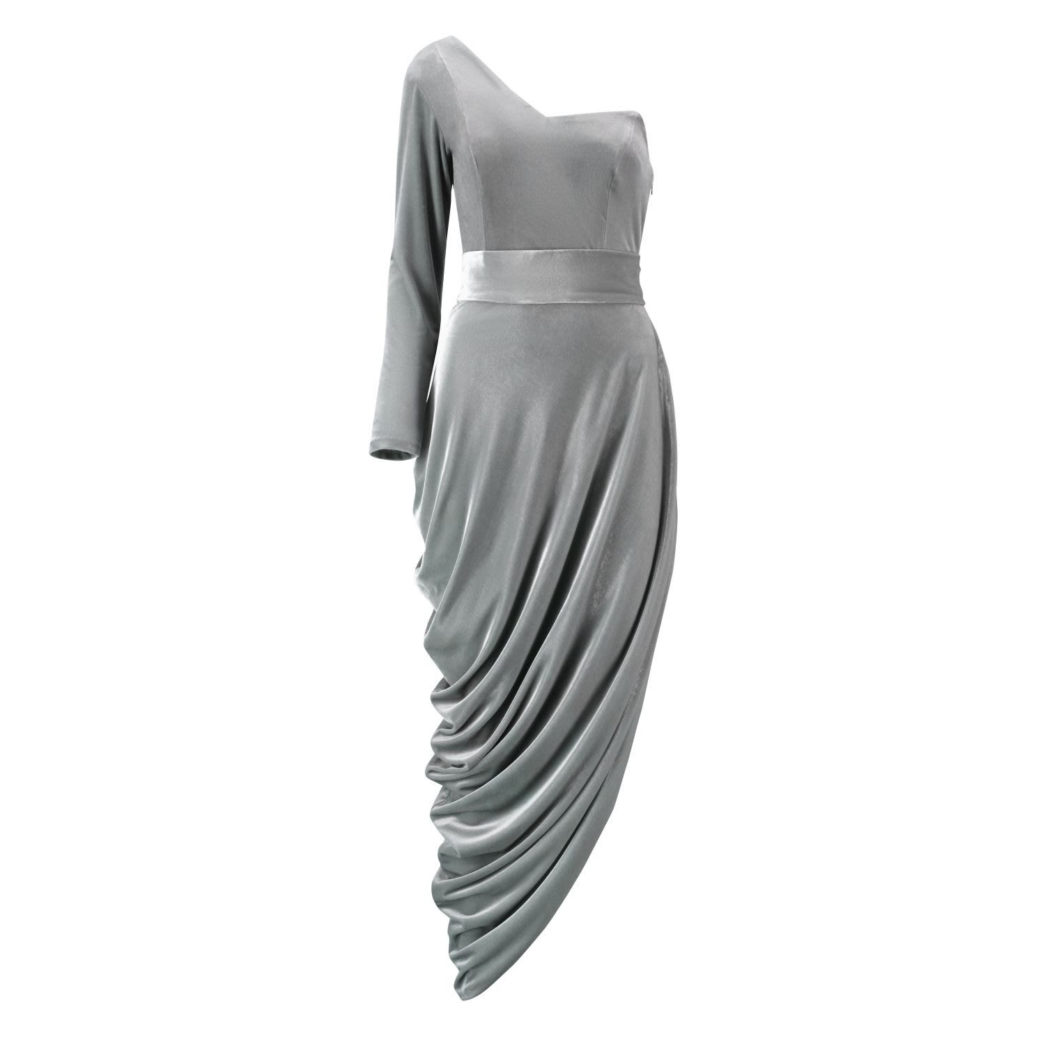 Azzalia Women's Silver One Shoulder Velvet Draped Dress With Side Slit In Silver