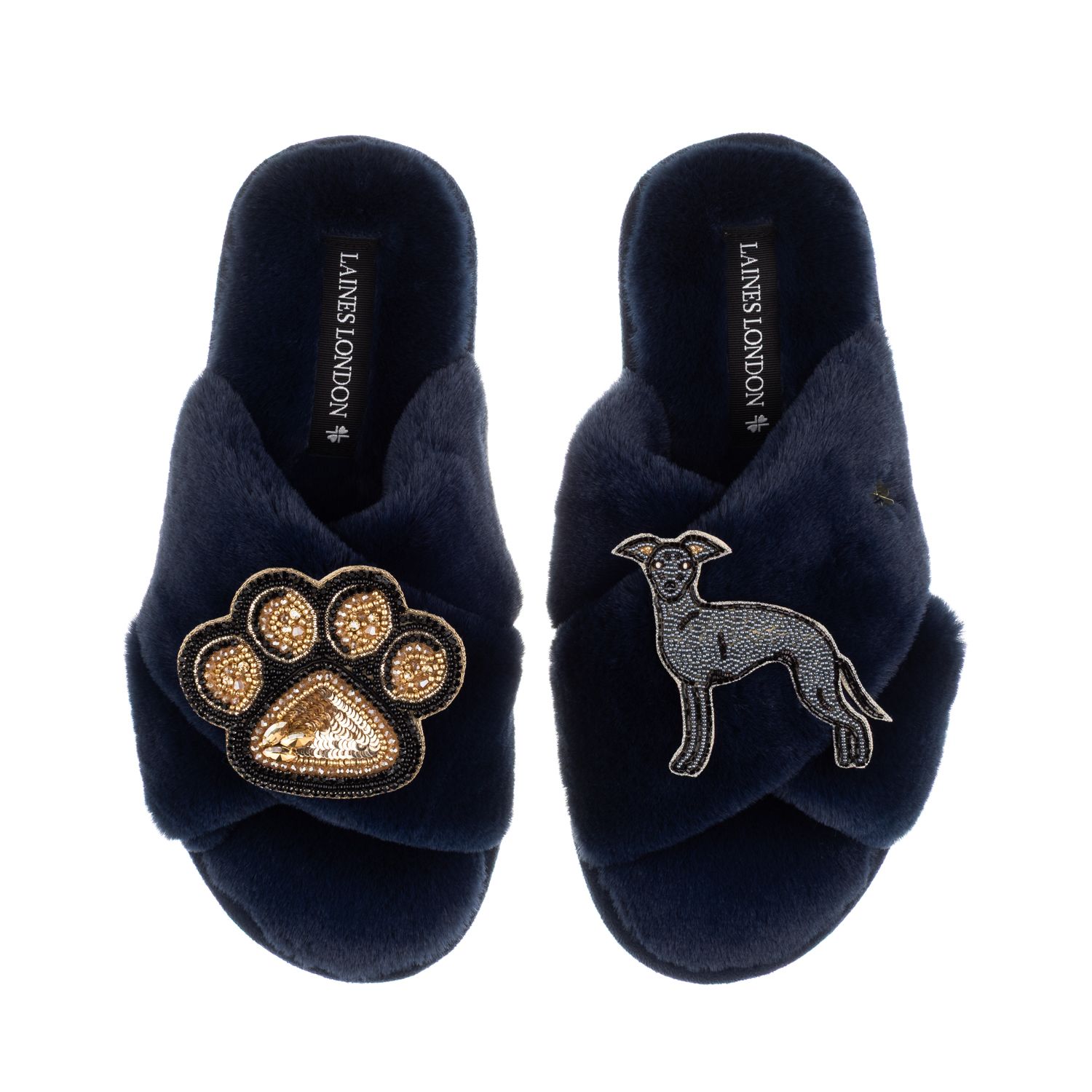 Laines London Women's Classic Laines Slippers With Paw & Blue Italian Greyhound Brooches - Navy In Multi