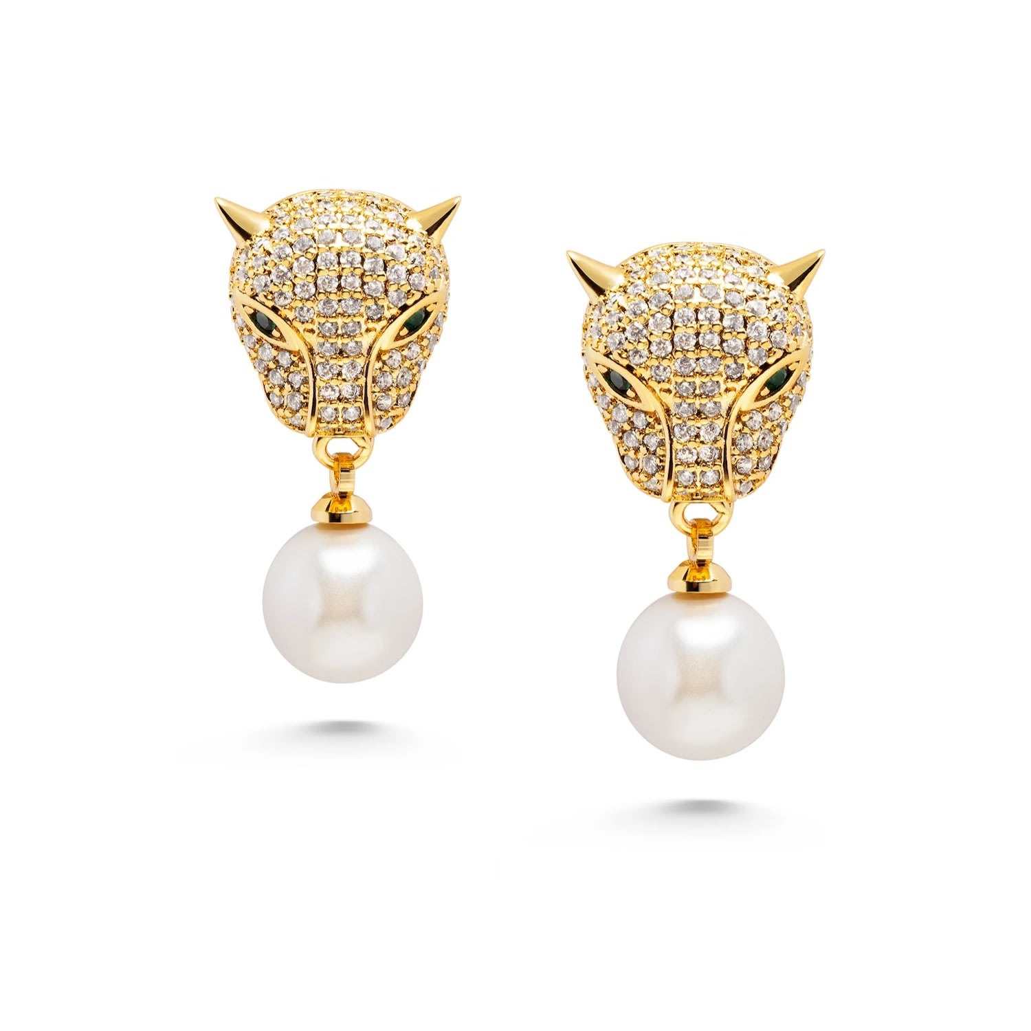 Gold / White Women’s Panther Earring With Pearl Drop Nialaya