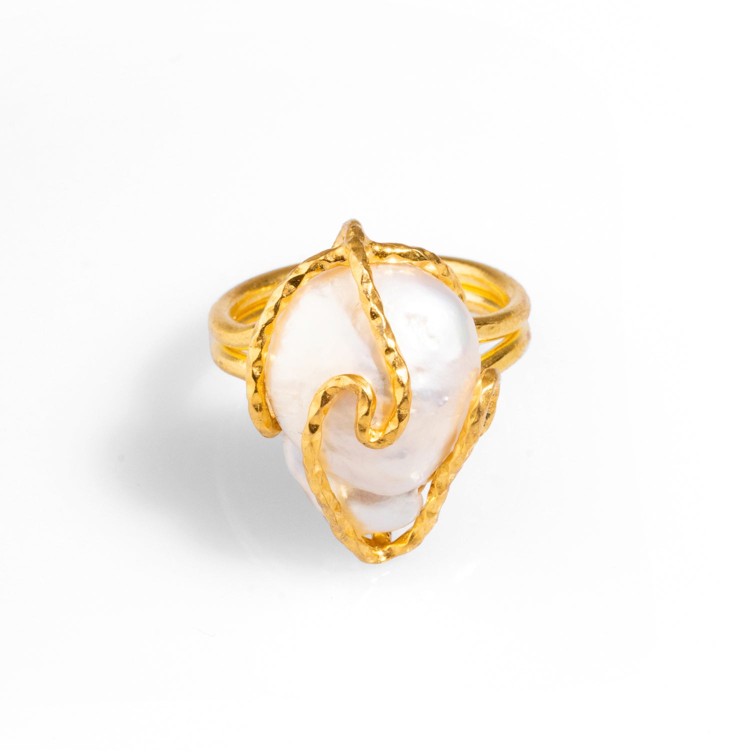 Ebru Jewelry Women's Gold / White Baroque Pearl Gold Design Isis Chunky Ring - White