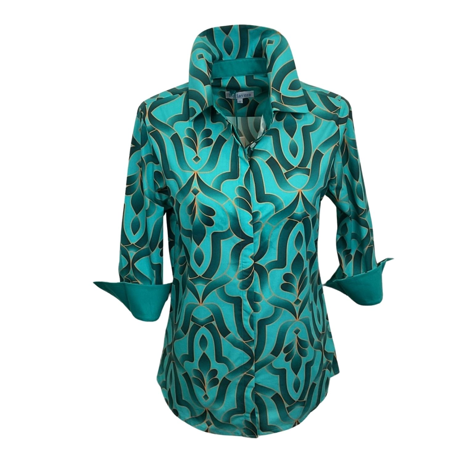 Perlavera Women's Blue Cindy Tile Aqua Printed Three Quarter Sleeve Regular Slim Shirt In Blue