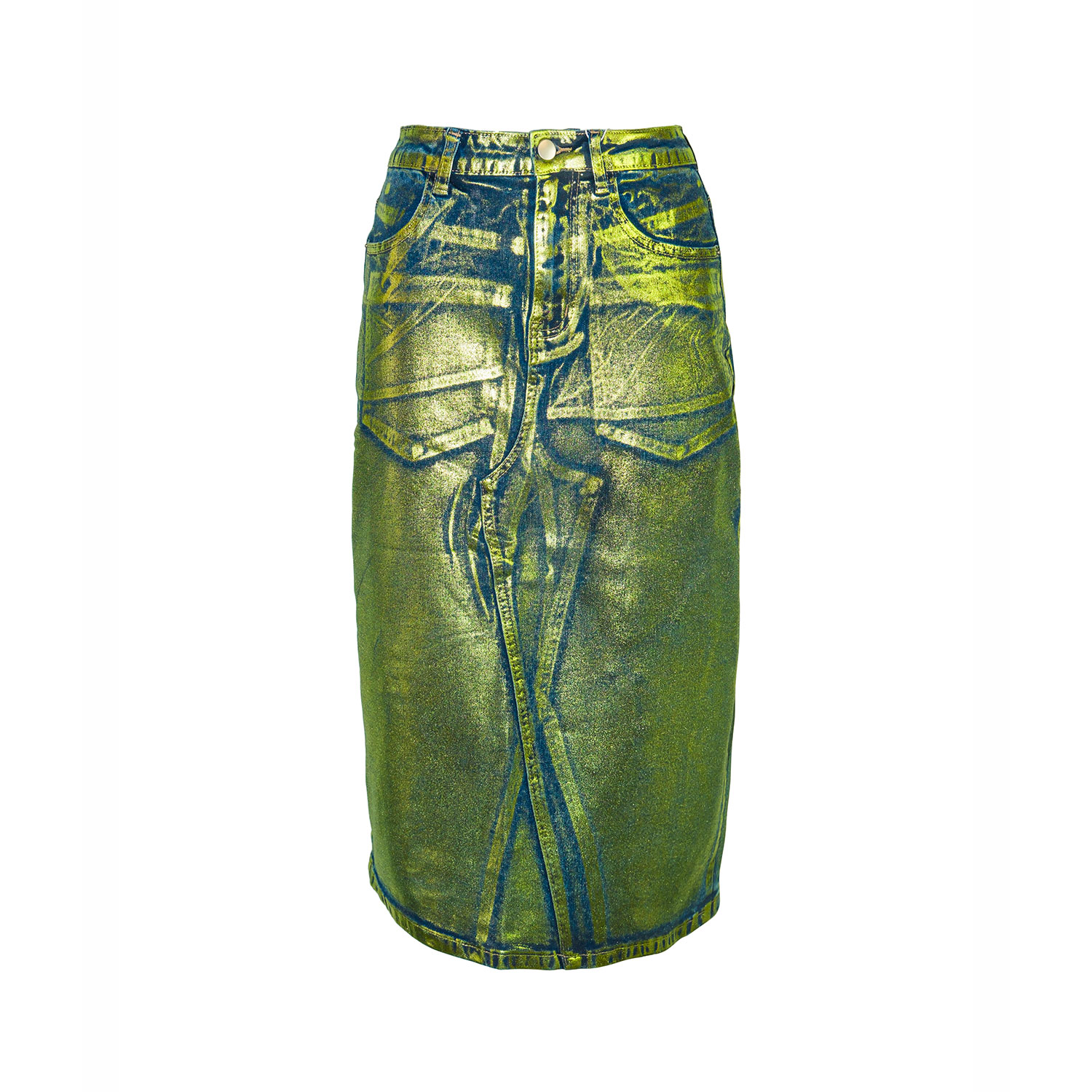 Amy Lynn Women's Clara Green Denim Foil Coated Midi Skirt In Green