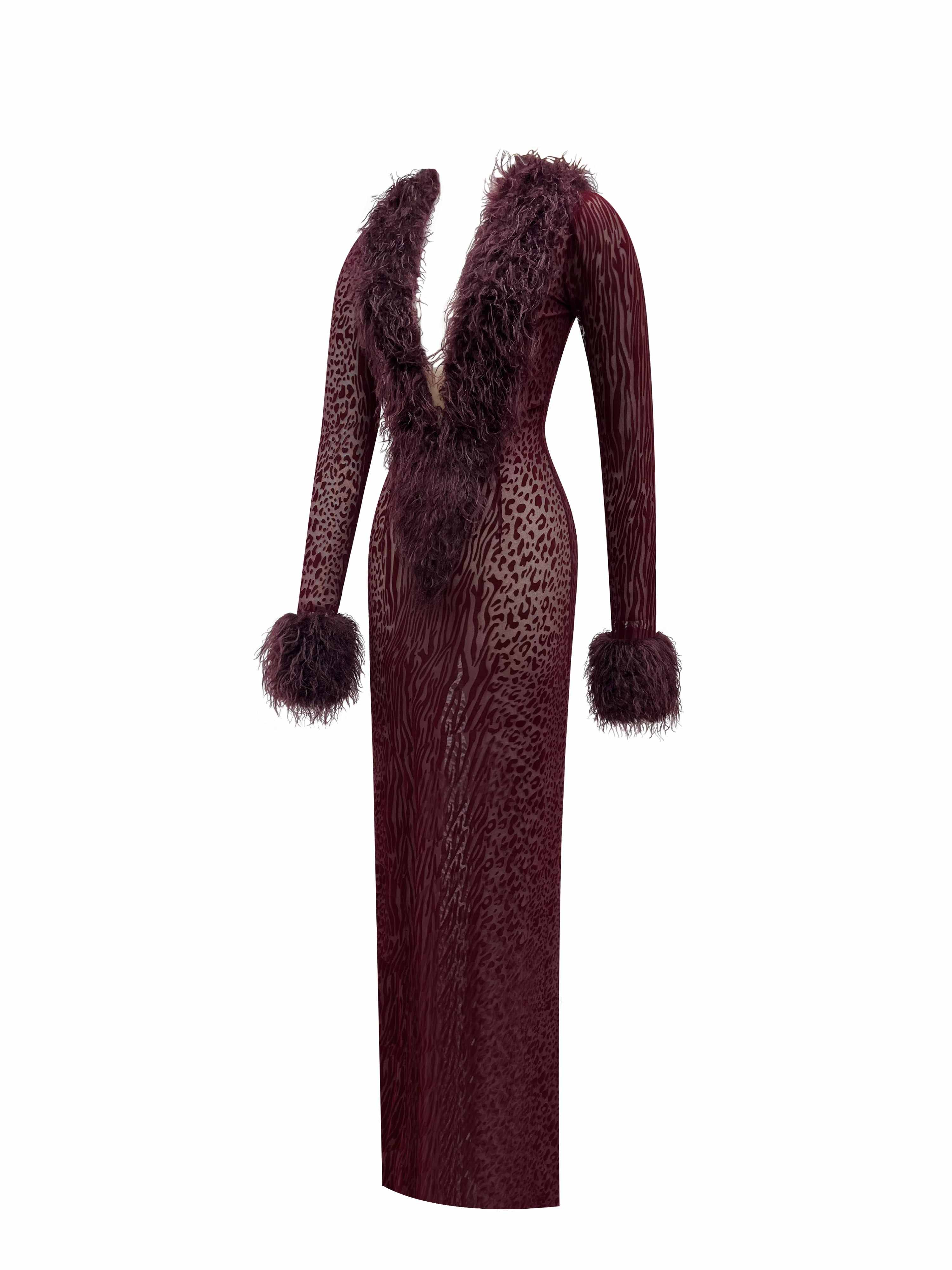 burgundy crochet maxi dress Miss Circle Women's Luana Burgundy Plunging Fur Trimmed Crochet Maxi Dress  at CoolSprings Galleria in Franklin, TN