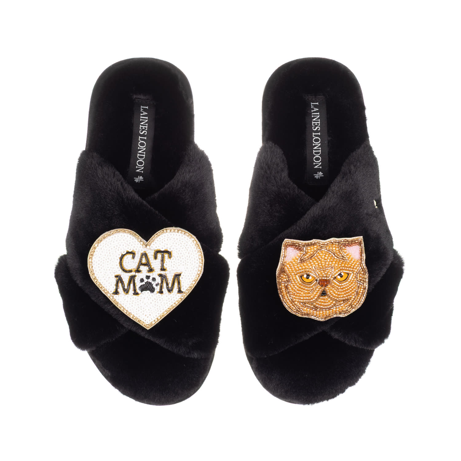 Laines London Women's Classic Laines Slippers With Cat Mum/mom & Ginger Persian Cat Brooches - Black In Black