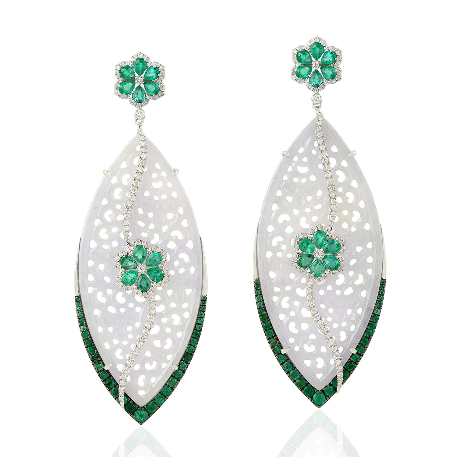 Women’s White / Green 18K White Gold Marquise Shape Earrings Diamond Carving Jade Emerald Dangle Earrings Handmade Jewelry Artisan