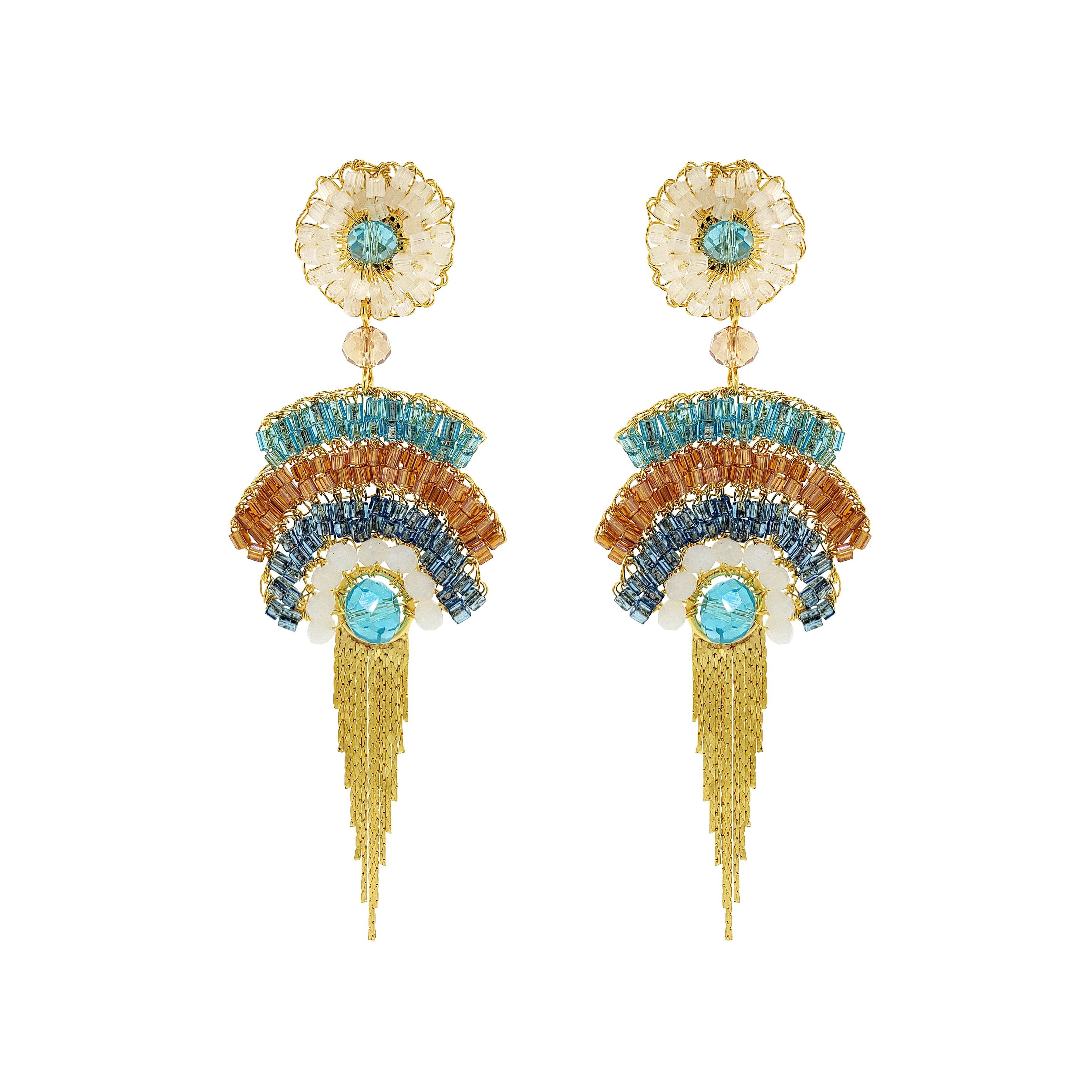 Lavish By Tricia Milaneze Women's Neutrals / Gold / Blue Seafoam Blue Mix Fergie Mini Chandelier Handmade Earrings