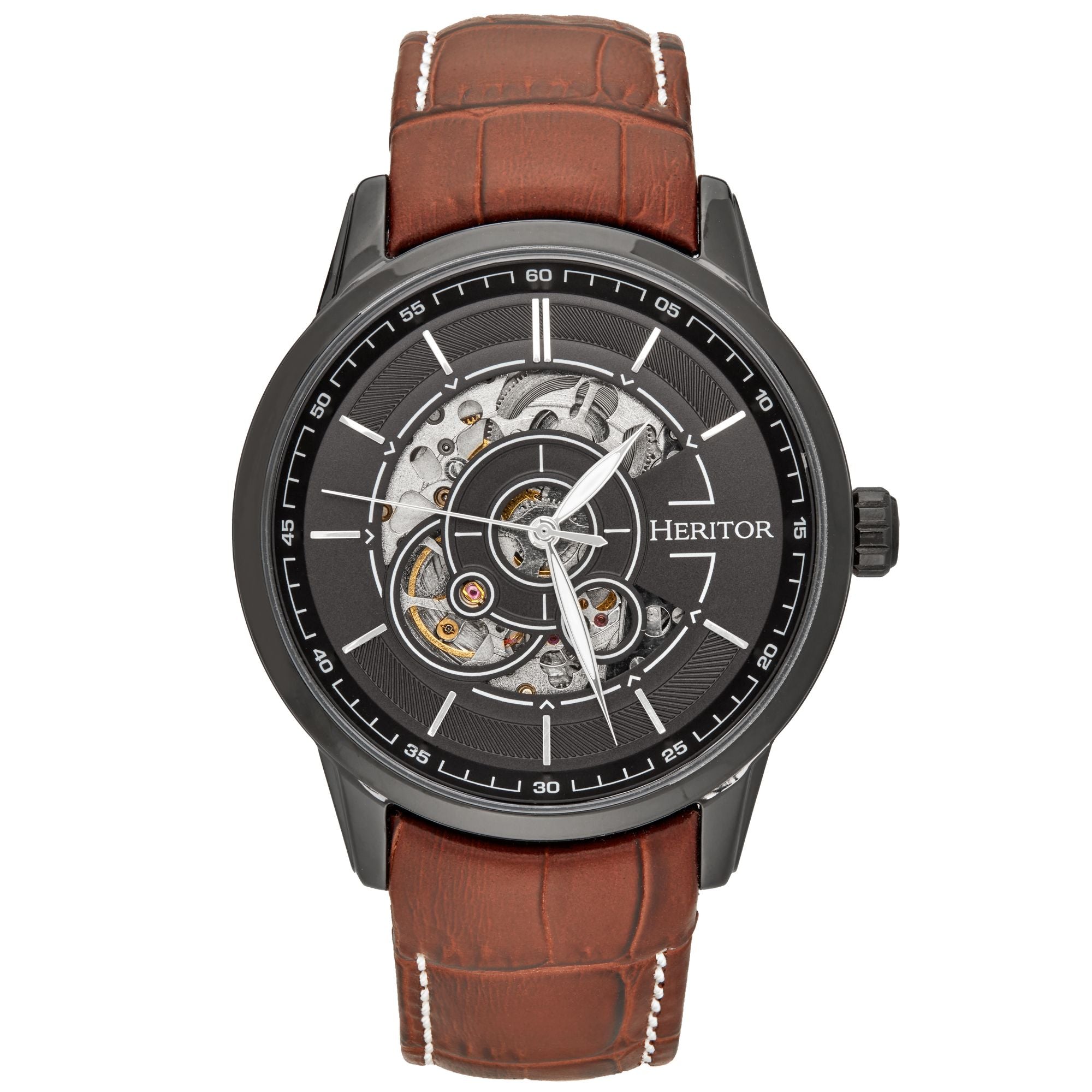 Men’s Black / Brown Davies Semi-Skeleton Leather-Band Watch - Black, Brown One Size Heritor Automatic