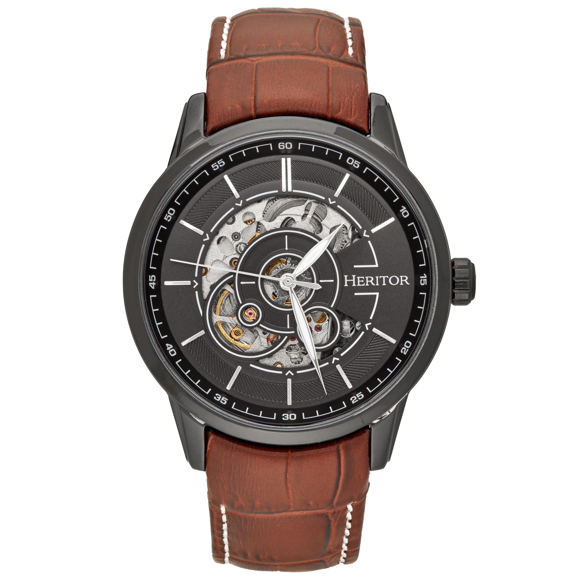 Heritor Automatic Men's Black / Brown Davies Semi-skeleton Leather-band Watch - Black, Brown In Black/brown