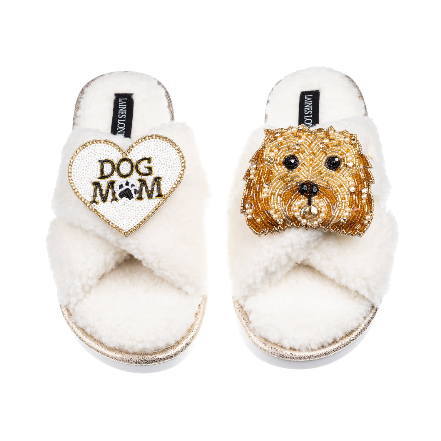 Laines London Women's Neutrals / White Laines Neutral Boucle Slippers With Enki-doo The Cockapoo & Dog Mum/mom Bro