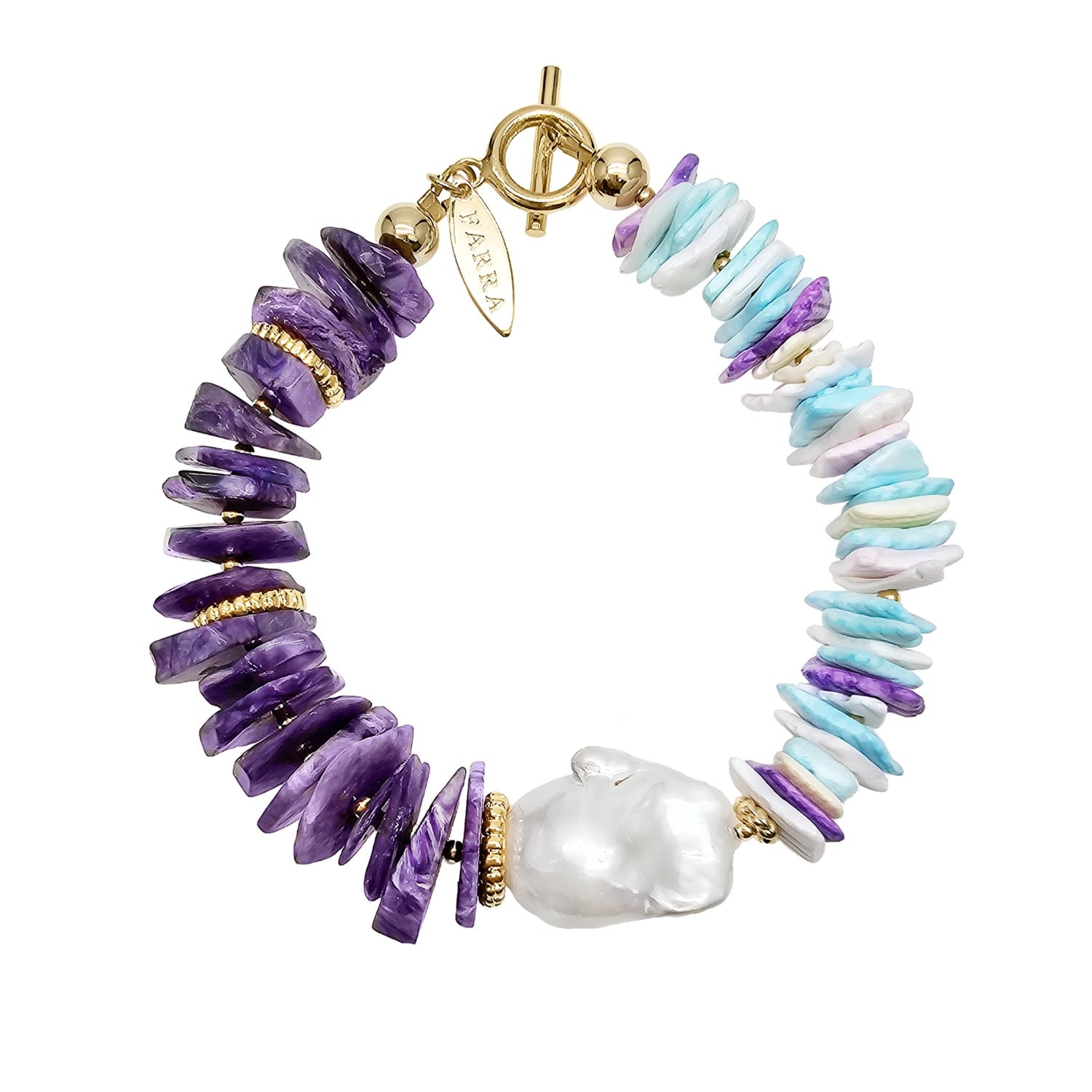 Farra Women's Purple Charoite And Colorful Shell With Baroque Pearl Bracelet In Purple