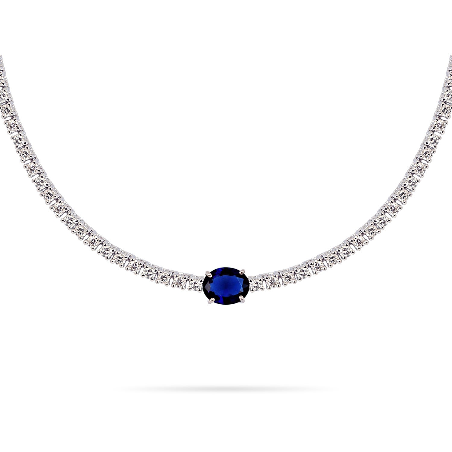 Women’s Choker Tennis Scarlett Oval Precious Stone Diamonds & 18K White Gold Blue Sapphire Aquae Jewels