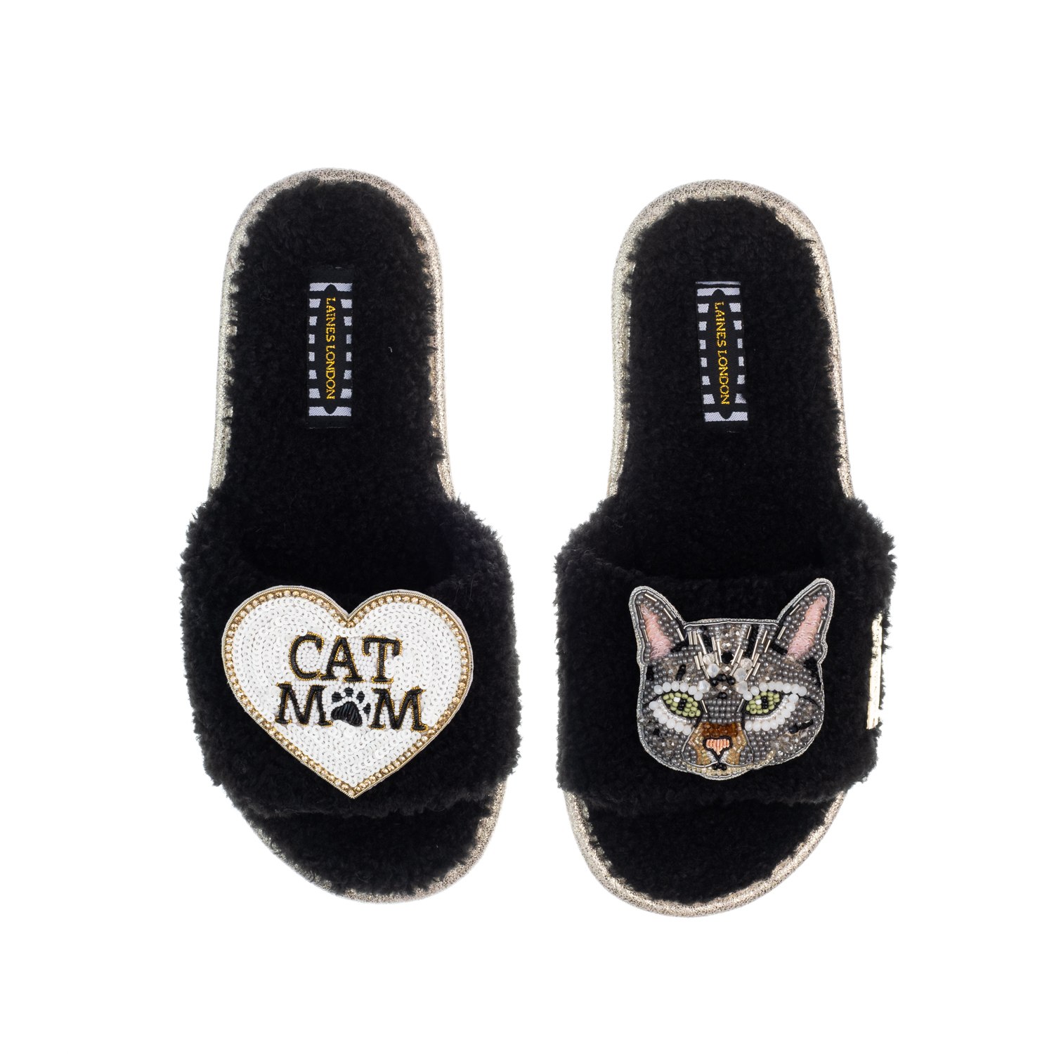 Laines London Women's Teddy Toweling Slippers With Pebbles Cat & Cat Mom / Mum Brooches - Black In Black
