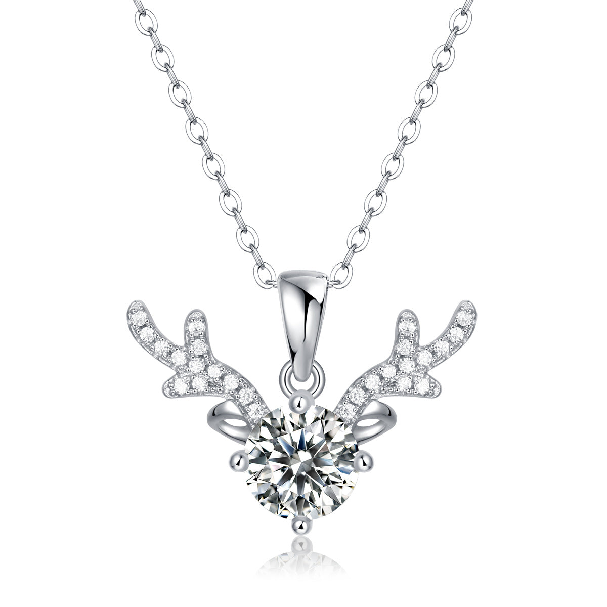 Women’s Stella Valentino Sterling Silver White Gold Plated With Lab Created Moissanite Solitaire Pave Antler Pendant Layering Necklace Genevive Jewelry