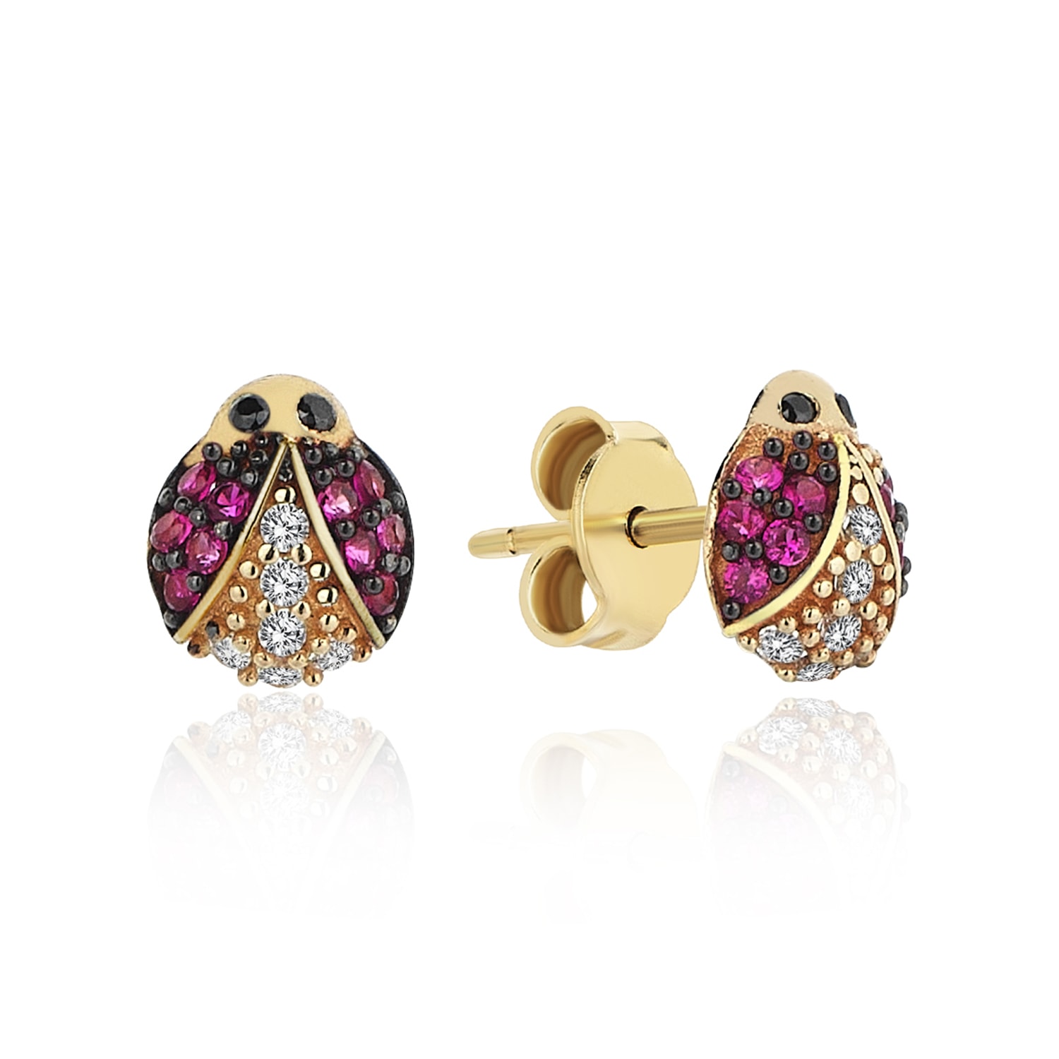 Pink / Purple Ladybird Earrings In 14K Gold Odda75