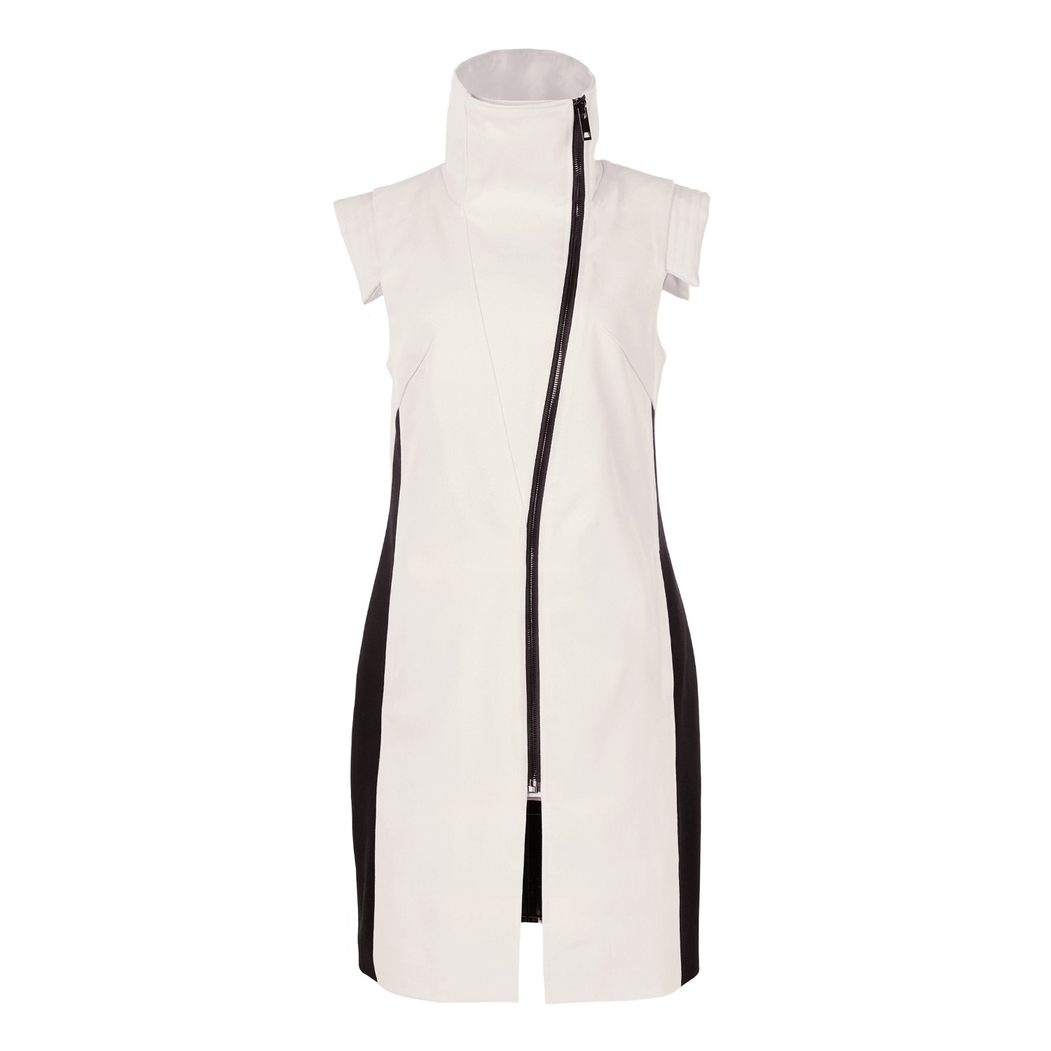 Asymmetrical High-Collar Sleeveless Jacket - Ivory & Black