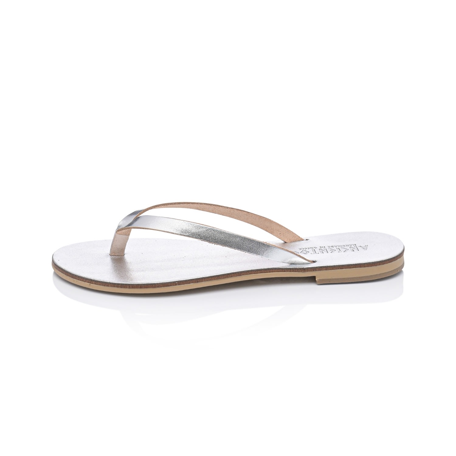 Ancientoo Achelois Silver Handcrafted Leather Flip Flop Sandal For Women In Metallic