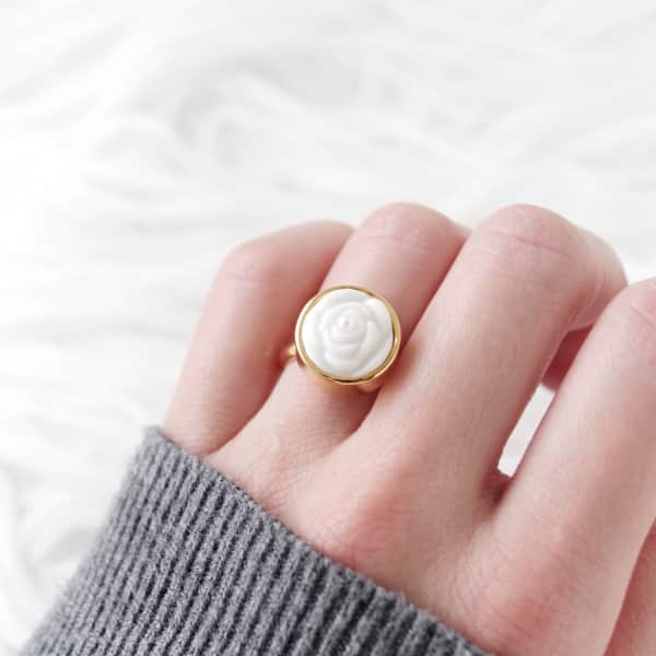 Poporcelain Porcelain Rose With Pearl Adjustable Ring