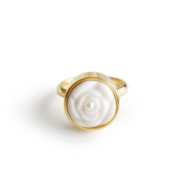 Poporcelain Porcelain Rose With Pearl Adjustable Ring