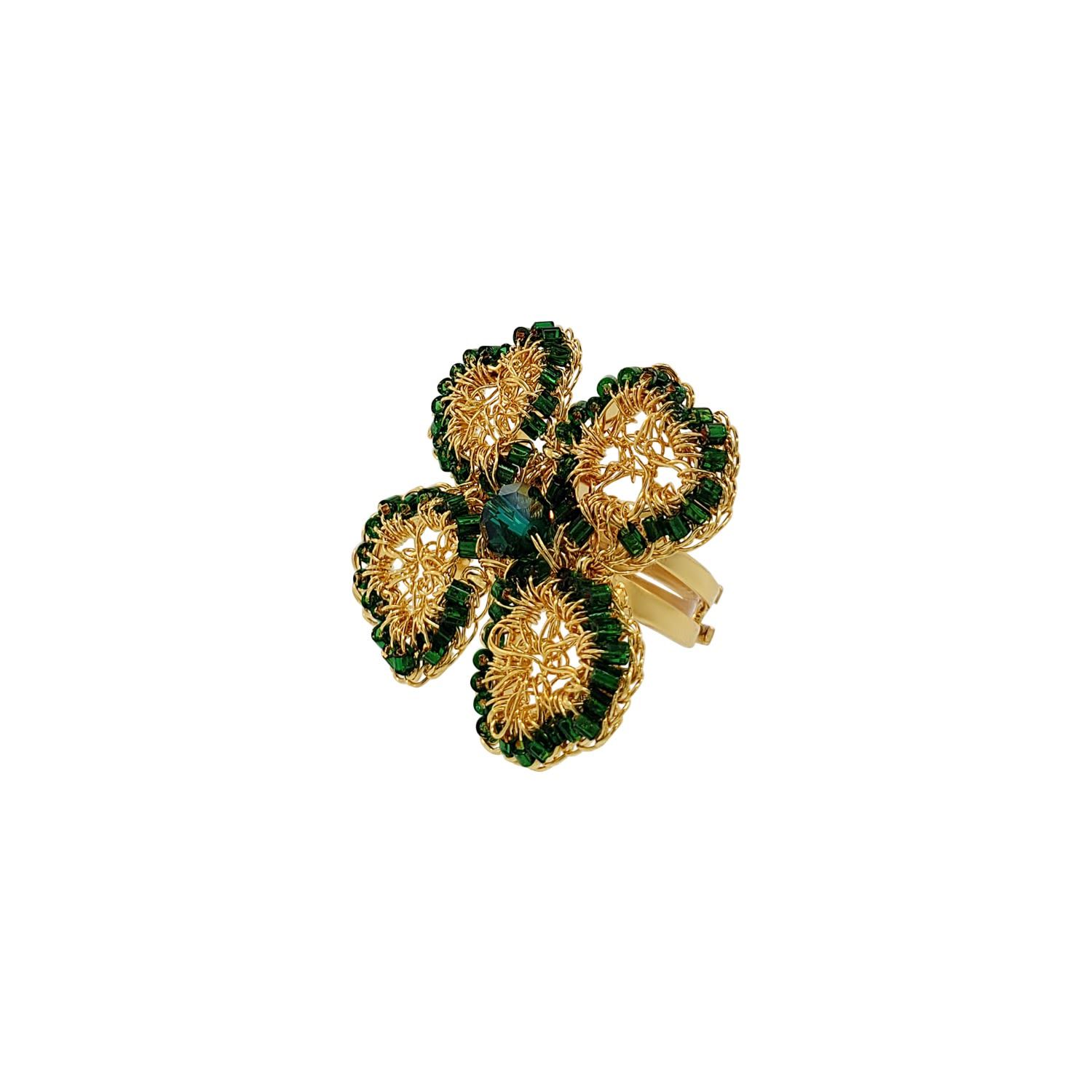 Lavish By Tricia Milaneze Women's Gold / Green Green & Gold Lucky Clover Handmade Crochet Ring In Multi