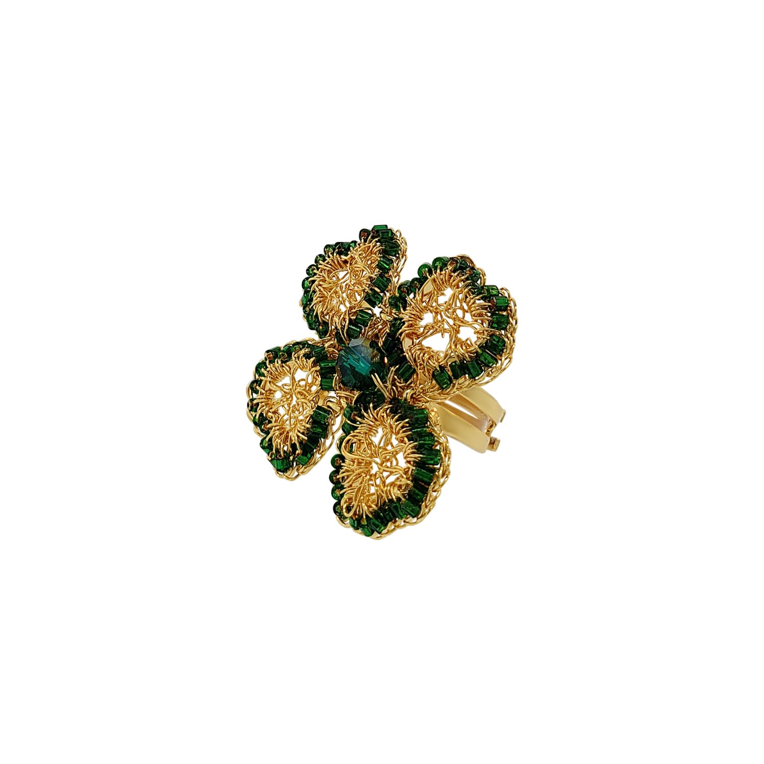 Women’s Gold / Green Green & Gold Lucky Clover Handmade Crochet Ring Lavish by Tricia Milaneze