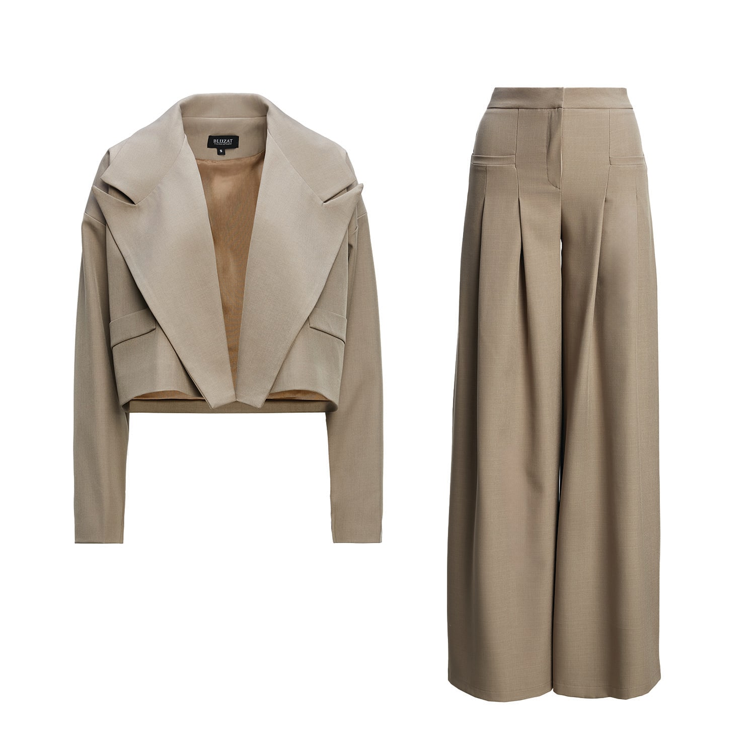 Bluzat Women's Neutrals Beige Suit With Cropped Blazer And Trousers With Pockets In Beige