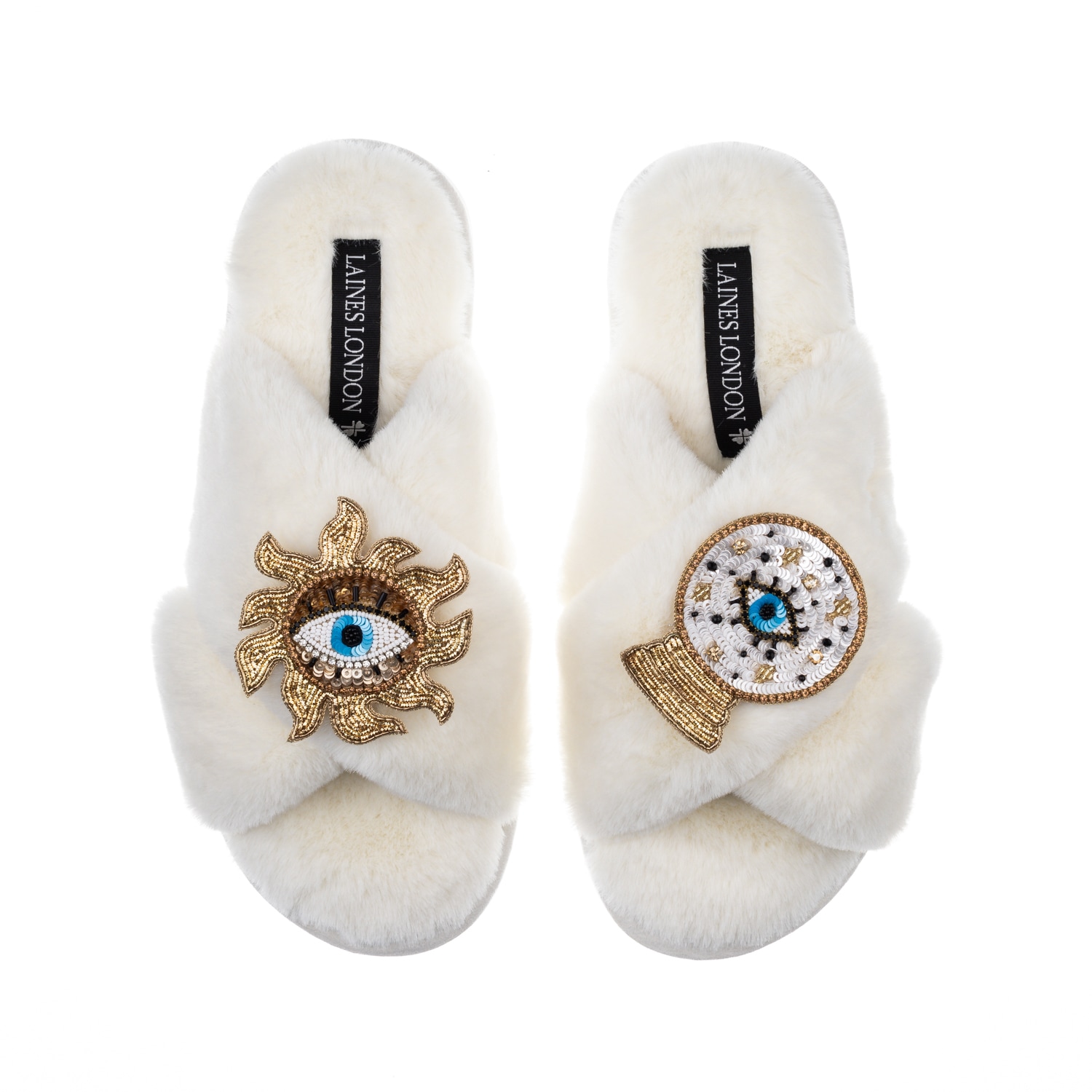 Laines London Women's White Classic Laines Slippers With Double Mystic Eye Brooches - Cream In White