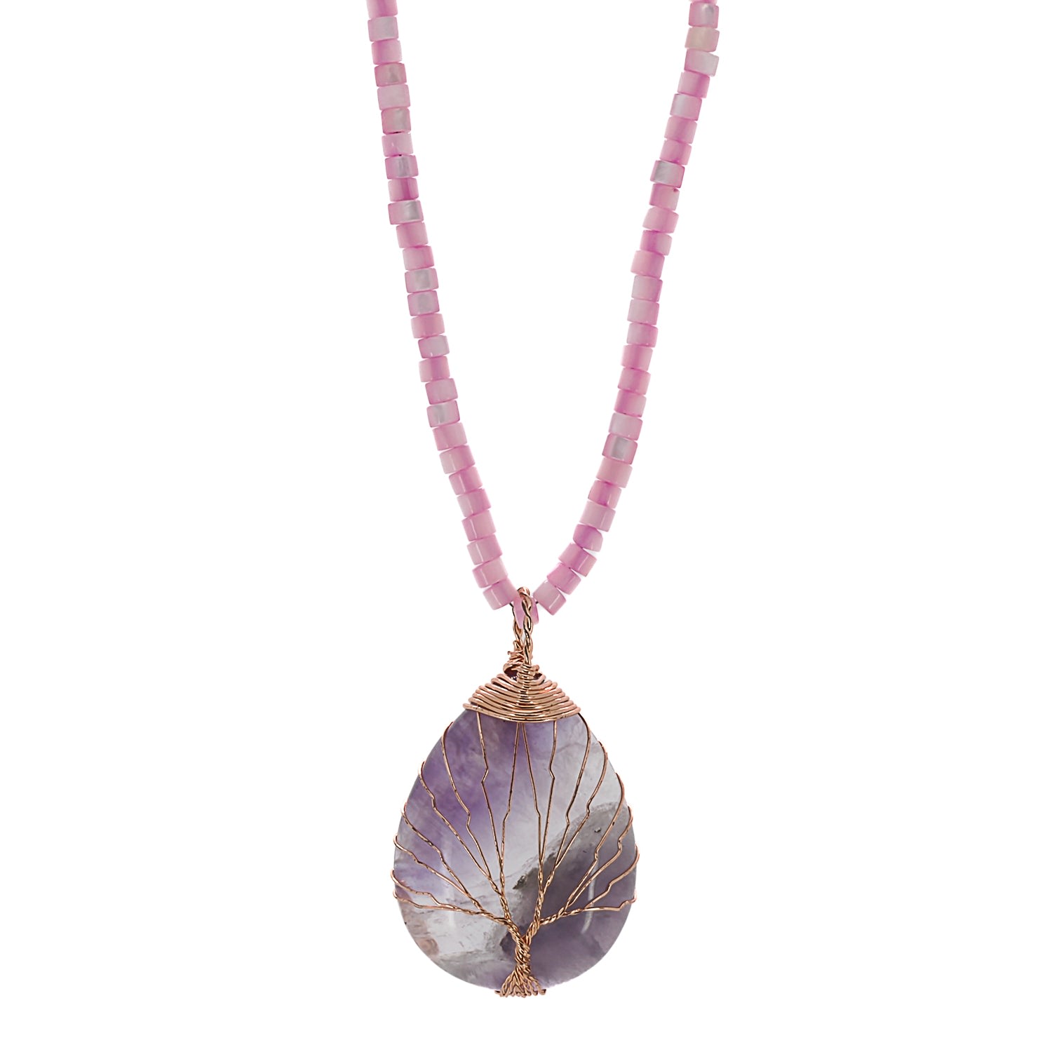 Women’s Gold / Pink / Purple Healing Amethyst Pendant Pearl Chain Beaded Necklace - Purple Ebru Jewelry