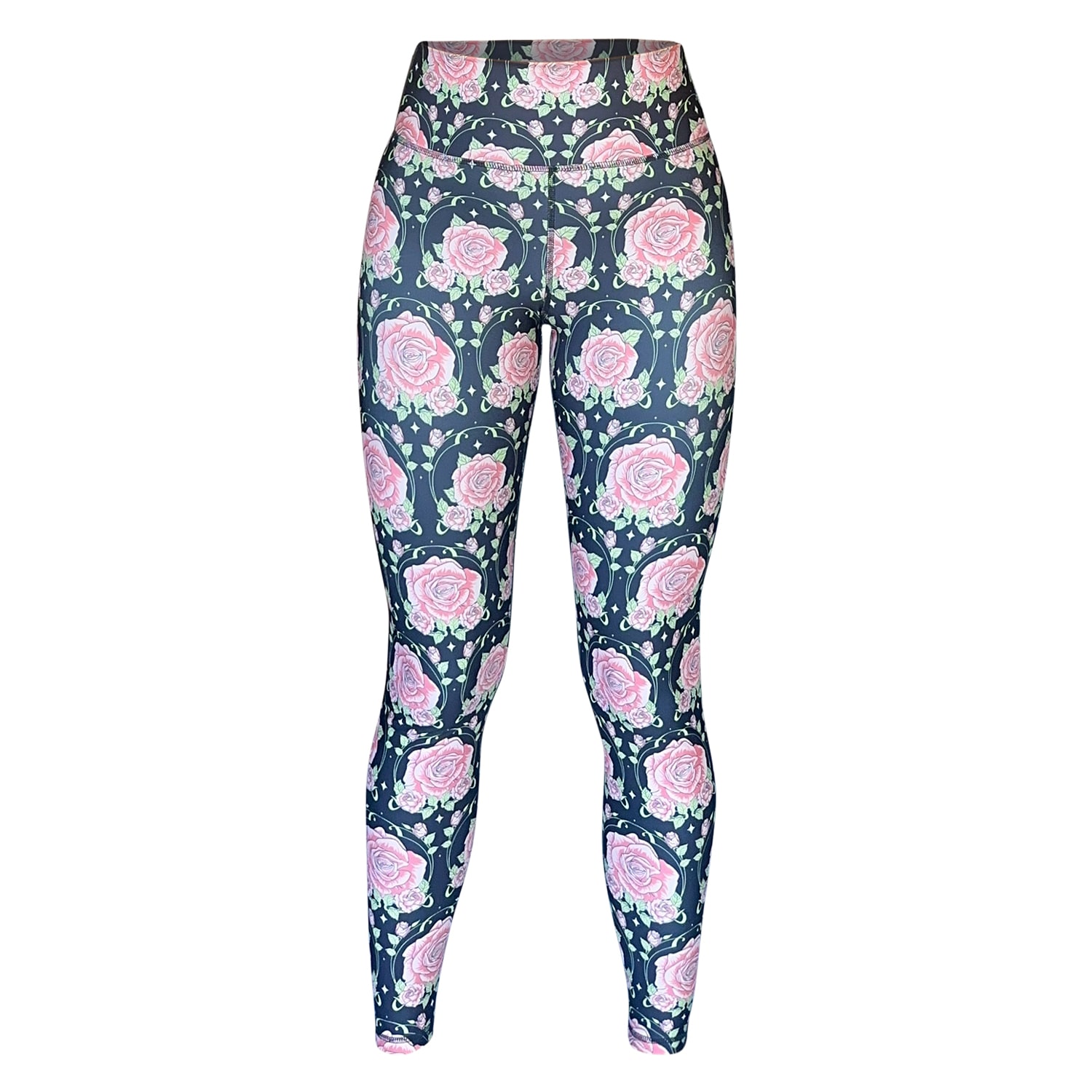 Swaay Women's Black / Pink / Purple High Rise Active Leggings Midnight Rose Print In Black/pink/purple