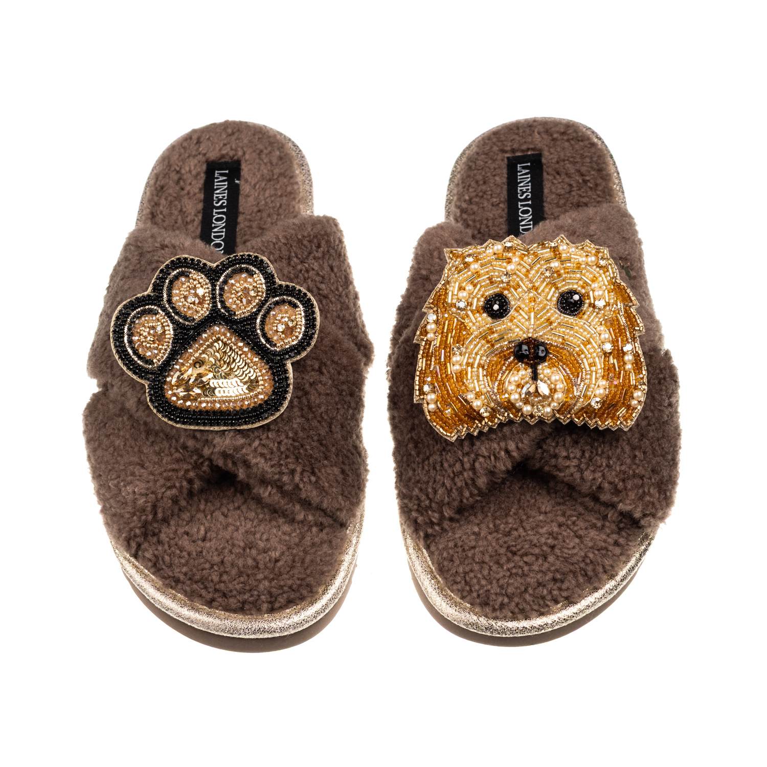Laines London Women's Brown / Neutrals Laines Neutral Boucle Slippers With Enki Doo The Cockapoo & Paw Brooches - 