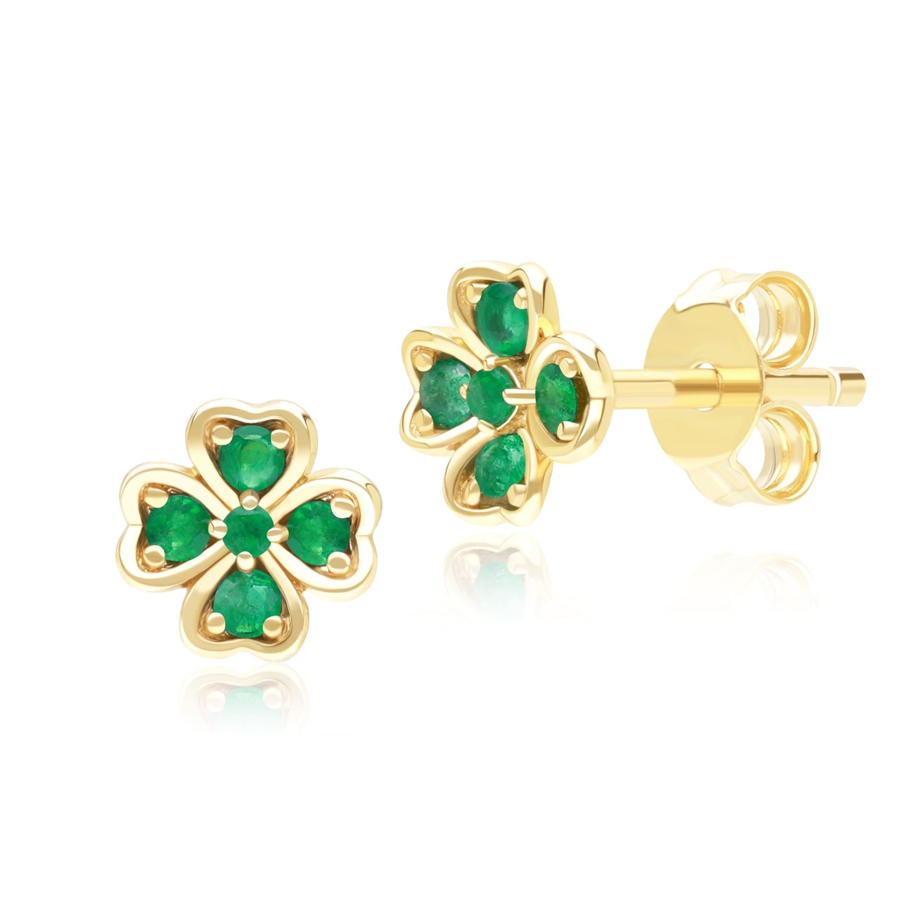 Women’s Green Gardenia Round Emerald Clover Stud Earrings In Yellow Gold Gemondo