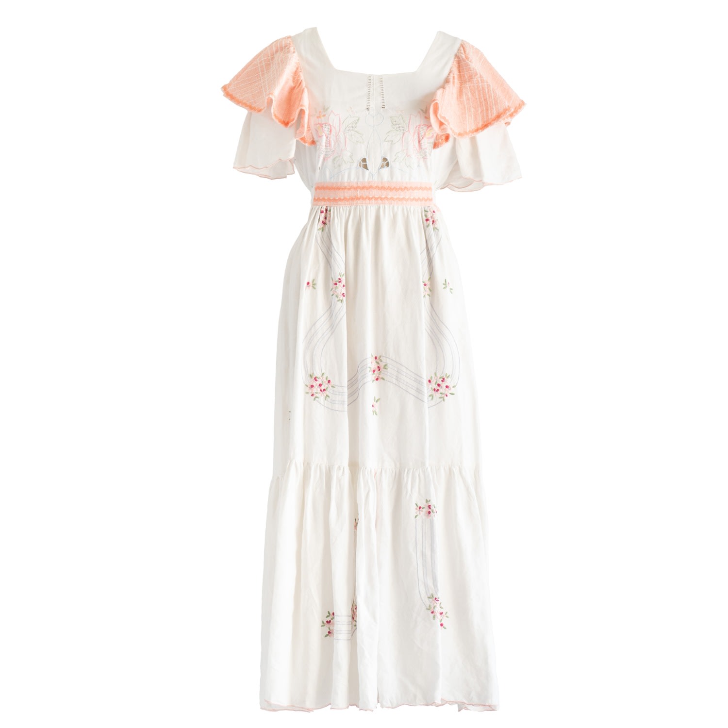 Sugar Cream Vintage Women's White Re-design Upcycled Lace Detailed Peach Floral Embroidery Maxi Dress In White