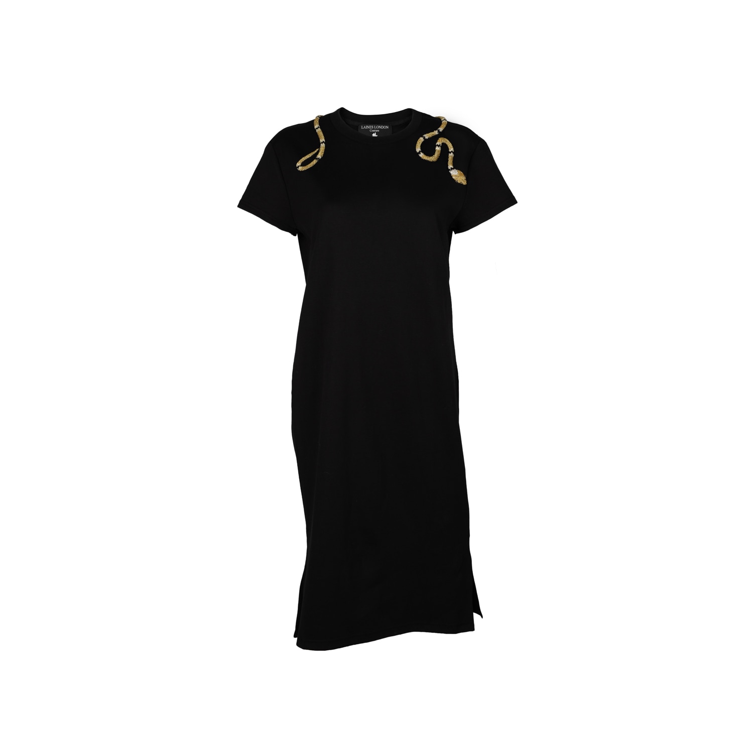 Laines London Women's Laines Couture T-shirt Dress With Embellished Black & Gold Wrap Around Snake In Black