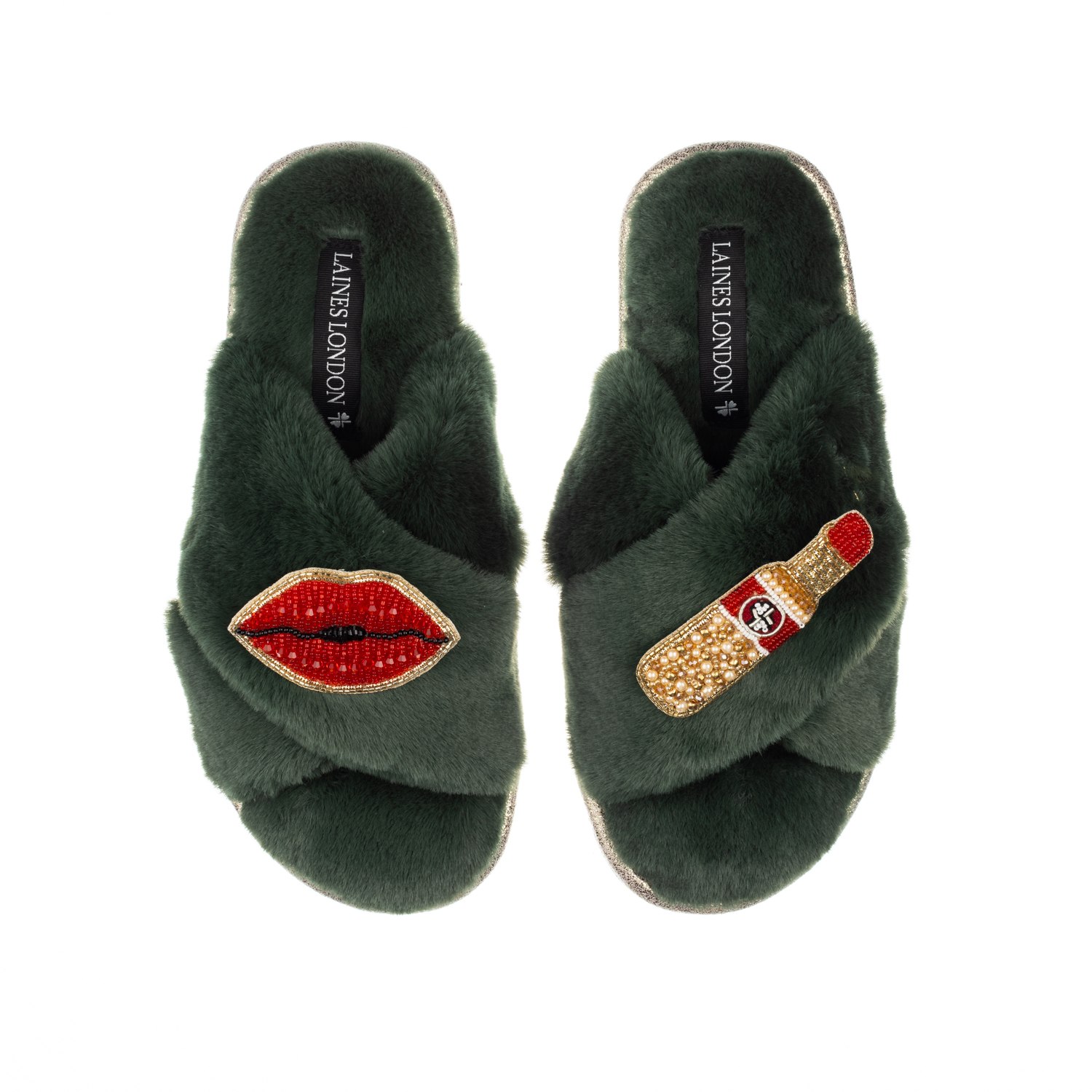 Laines London Women's Classic Laines Slippers With Red Lipstick & Lips Brooches - Limited Edition Green In Green
