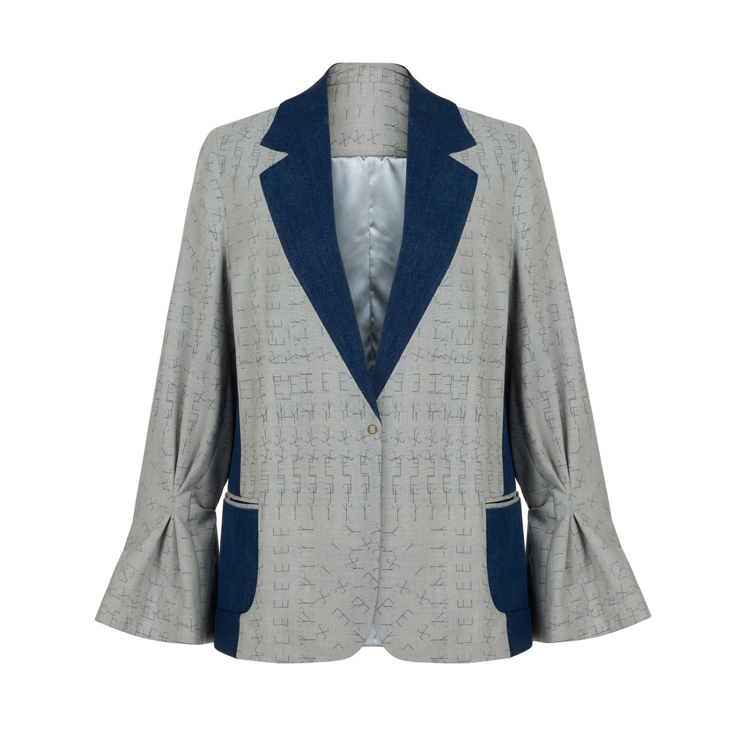 Women's Grey Oz - Denim Detailed Pleated Sleeve Gray Jacket | L/Xl | Mayamu