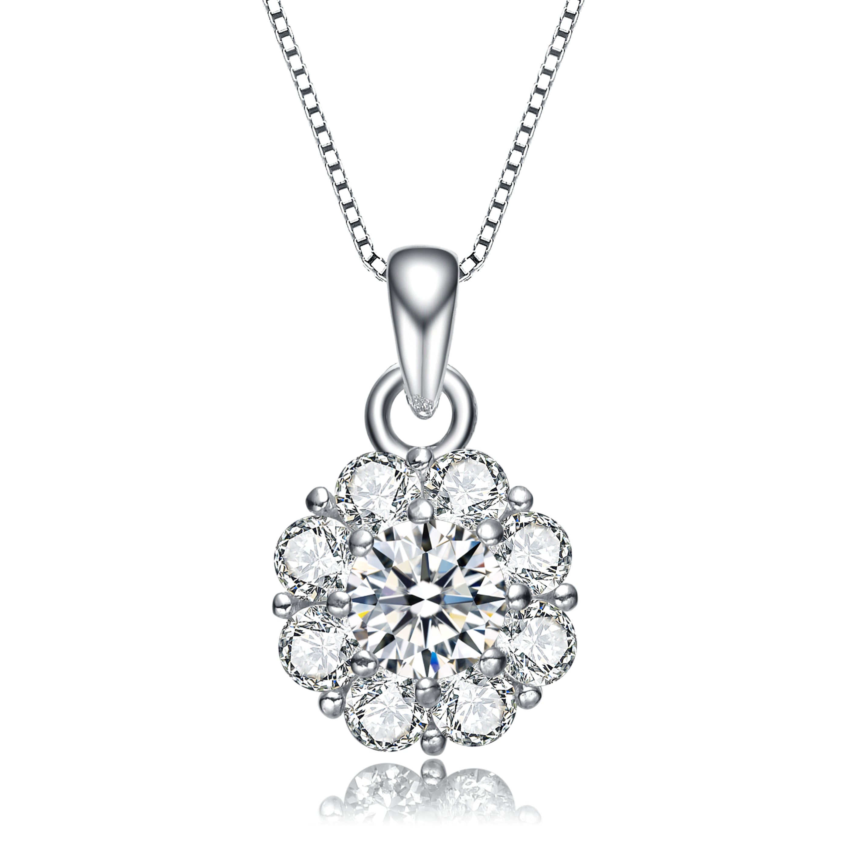 Women’s White / Silver Sterling Silver Flower Inspired Cubic Zirconia Accent Pendant Necklace Genevive Jewelry