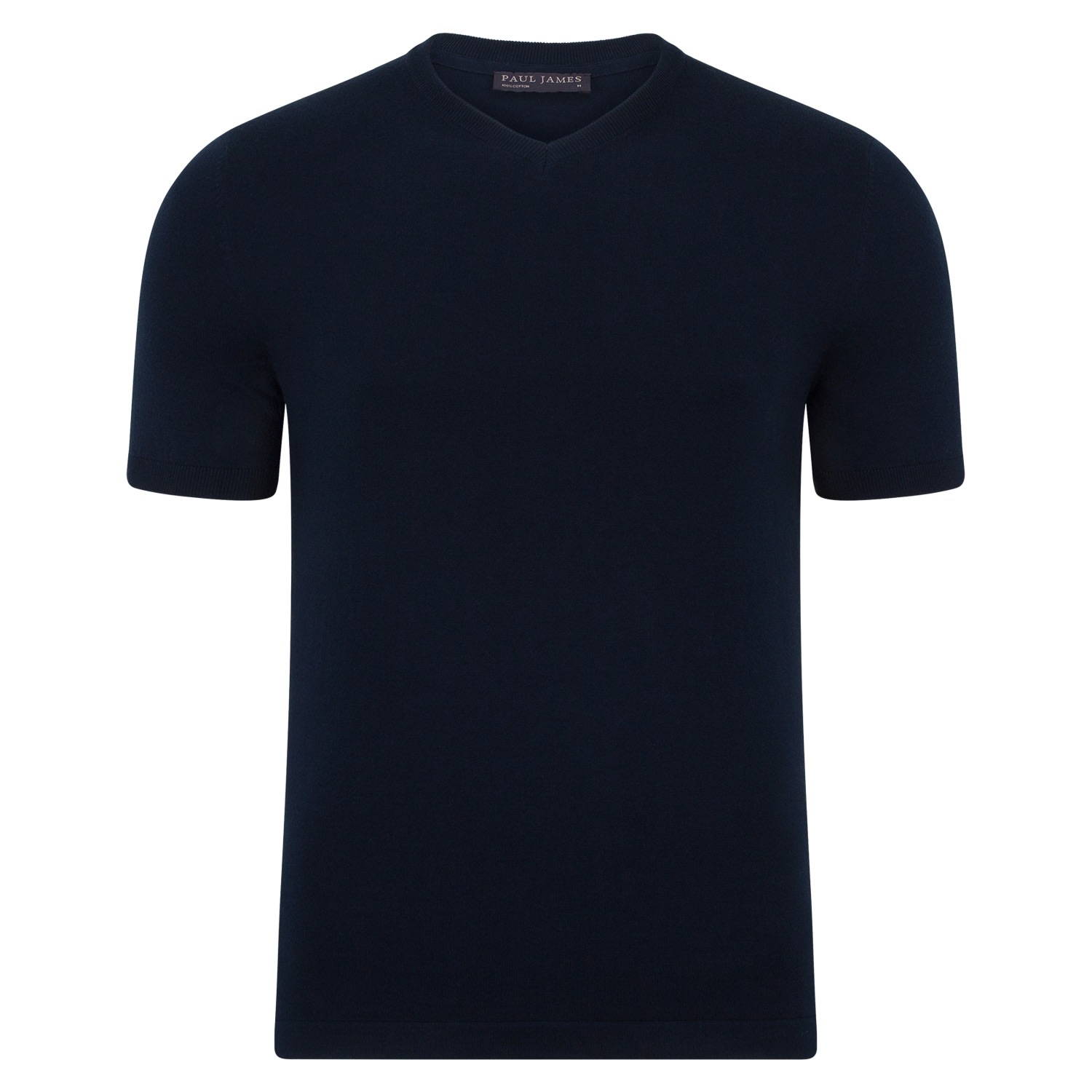 Blue Mens Ultra Fine Cotton Hudson High V Neck Knitted T-Shirt - Navy Small Paul James Knitwear