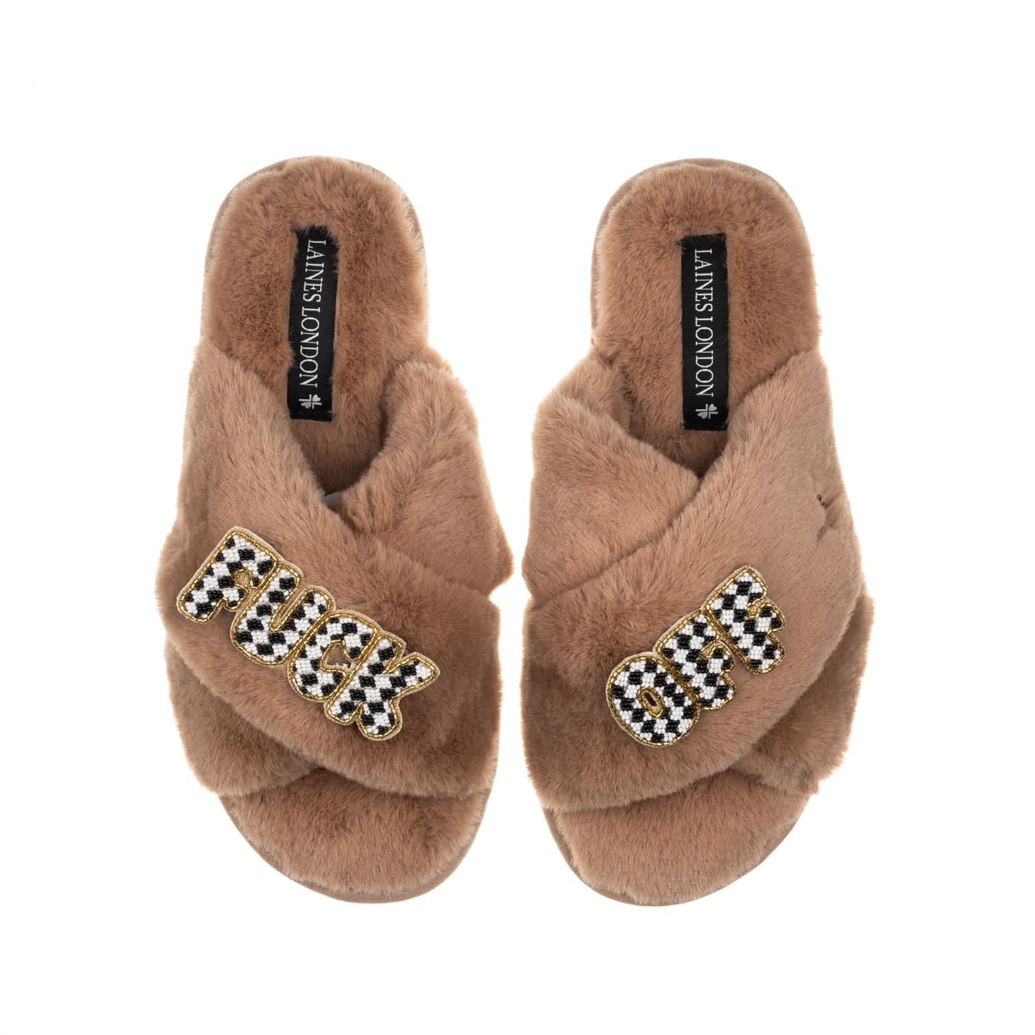 Laines London Women's Brown Classic Laines Slippers With Chequered Fuck Off Brooches - Toffee In Brown